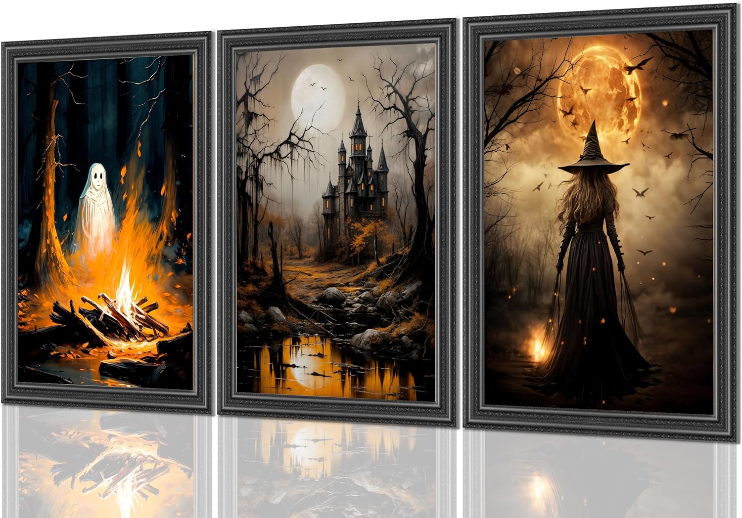 3pcs Halloween Canvas Wall Art Dark Academia Scary Witch Ghost Castle Posters Prints Thriller Horror Gothic Wall Decor Pictures for Halloween Party House Decoration Unframed Posters 12X16in