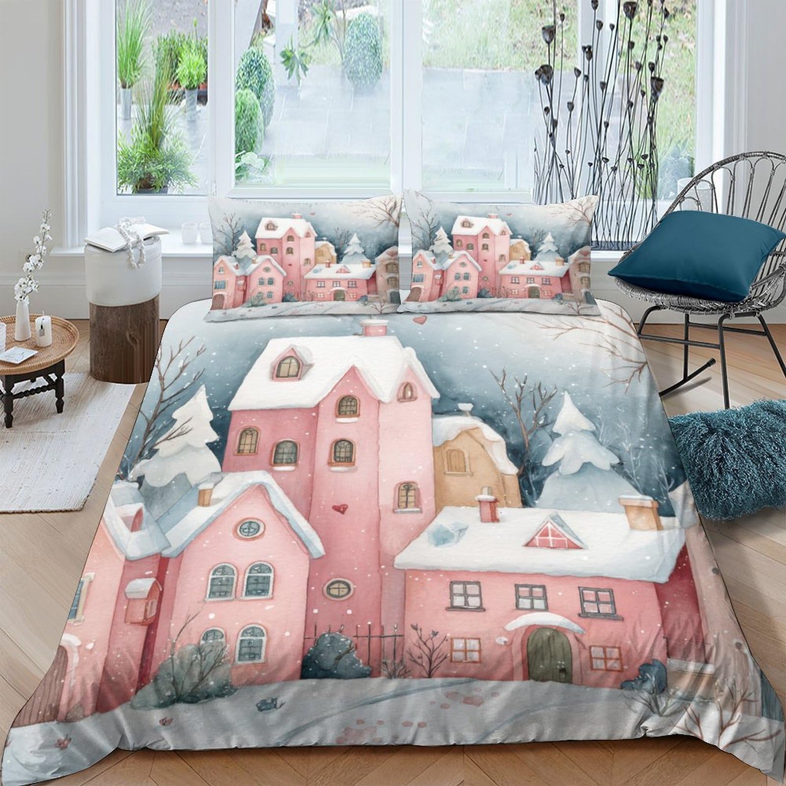 Ctjqhvkz Style-10 3D Printed Pink Winter Village Fitted Sheet Microfiber Soft Breathable Snow House Mattress Cover For Bedroom Guest Room Decor Single（135X200cm）
