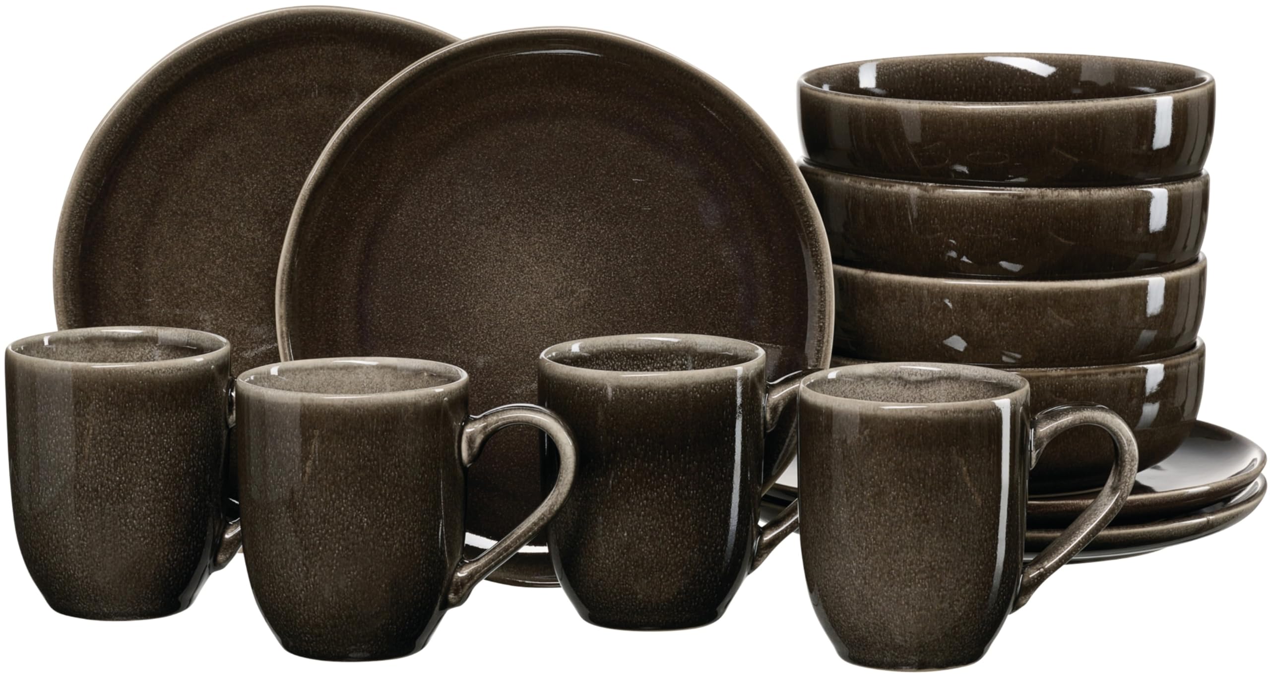 Ritzenhoff & Breker Frühstücksset Eda Umbra, 12-teilig, Henkelbecher (350 ml) Müslischalen (16,5 cm) und Dessertteller (22 cm) für 4 Personen, Geschirr aus Reaktivglasur, Steingut, Braun