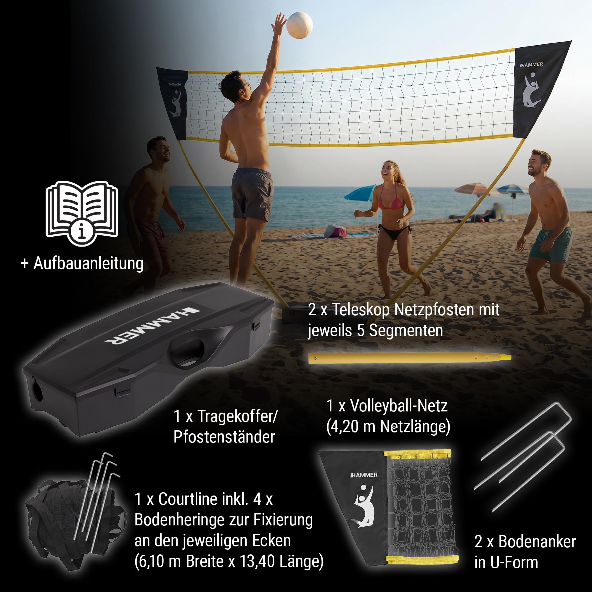 HAMMER Volleyball Netz Set - Volleyball-Set mit Tragekoffer, Pfostenständer, Courtline und Bodenheringe, Leichter Aufbau, Volleyball-Zubehör Spaß für jung und alt