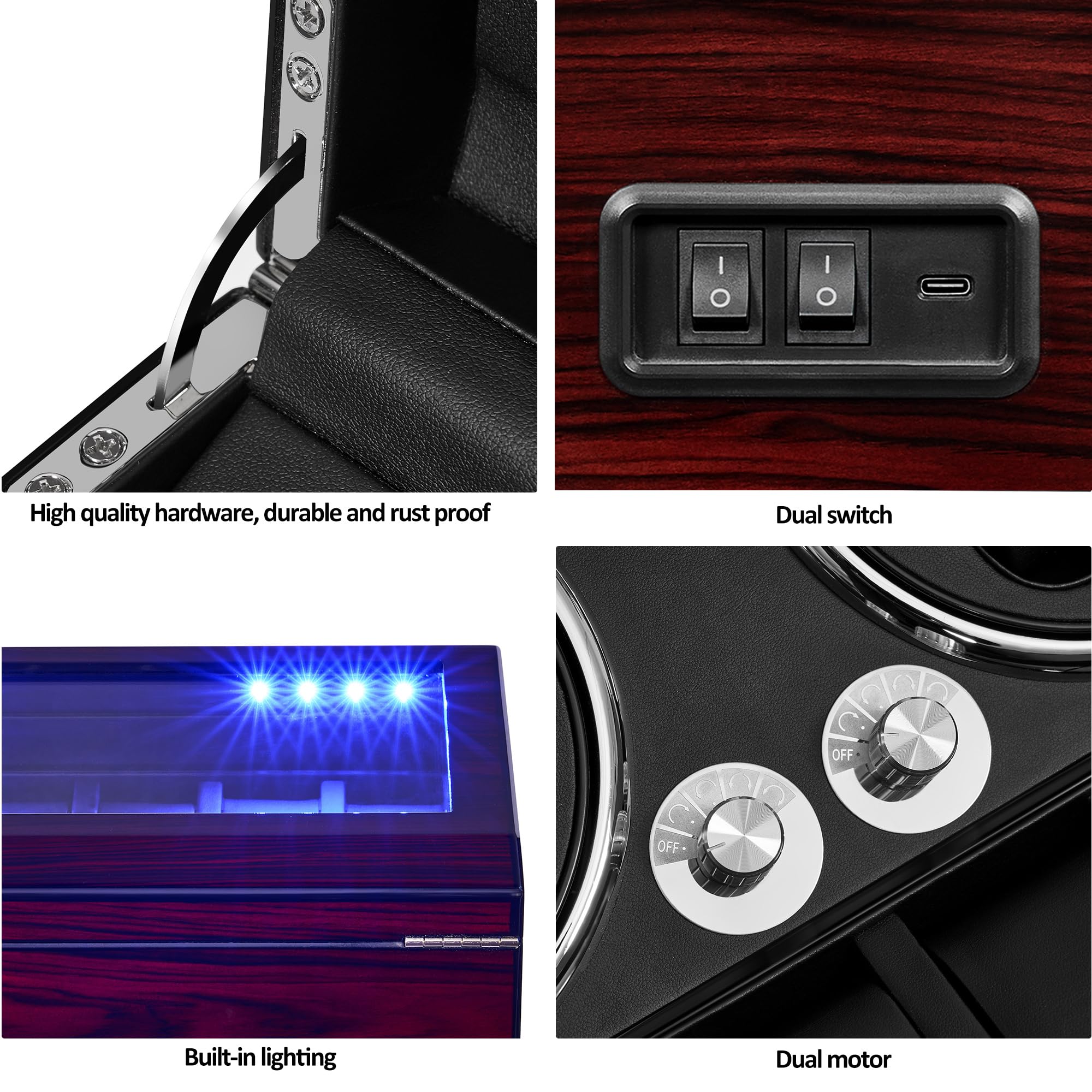 ANWBROAD Caja giratoria para relojes automáticos, 4 relojes+6 ranuras de memoria adicionales, 4 modos de giro con Mabuchi supersilencioso, lujoso, automático, cargador USB, JWW002R