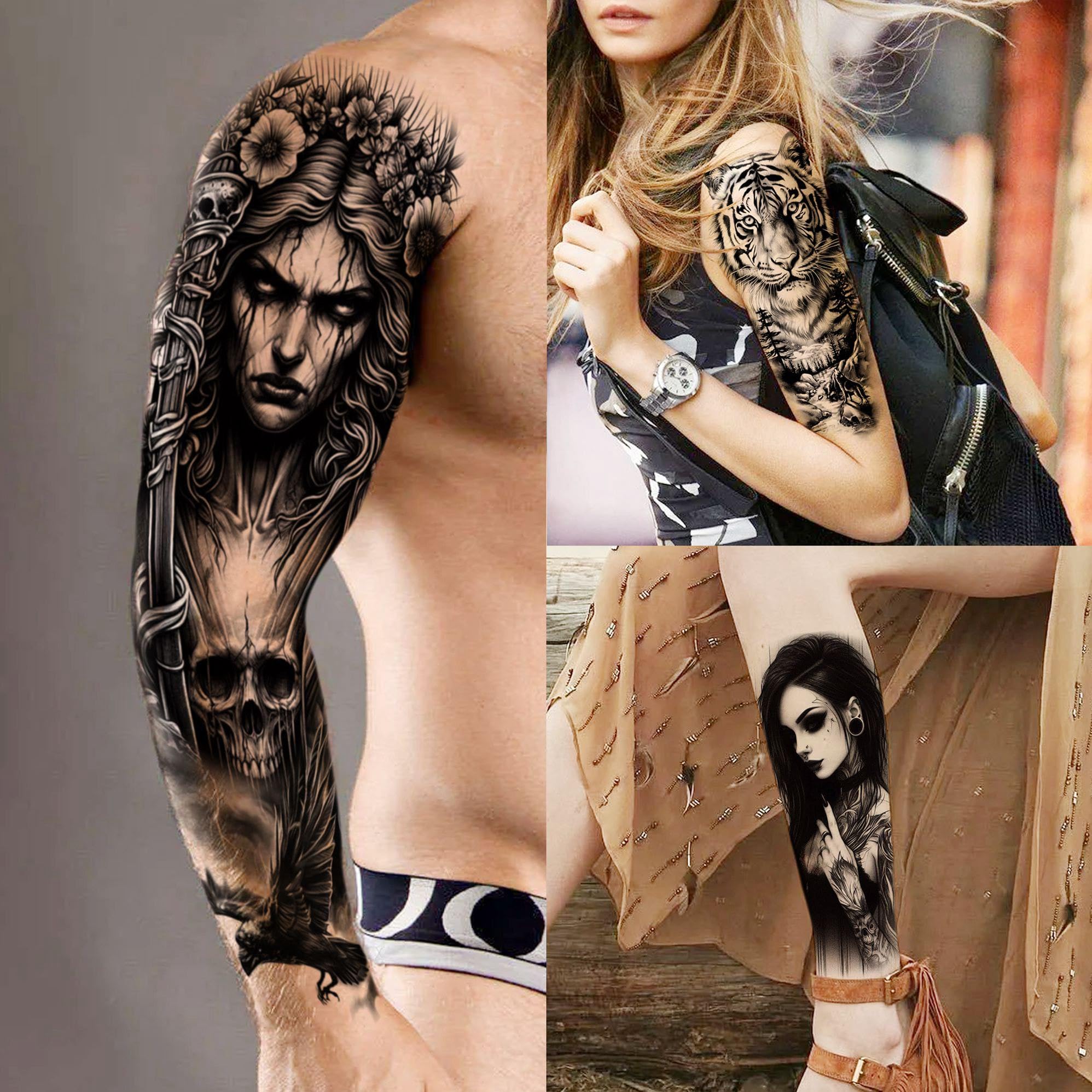 20 Sheets Gothic Full Arm Sleeve Temporary Tattoos for Men Adults Thigh Temp Nun Girl Skull Skeleton Zeus God Jesus Christ Fake Tattoo Sleeve for Women Scary Halloween Tattoo Stickers Demon Vampire - Image 3