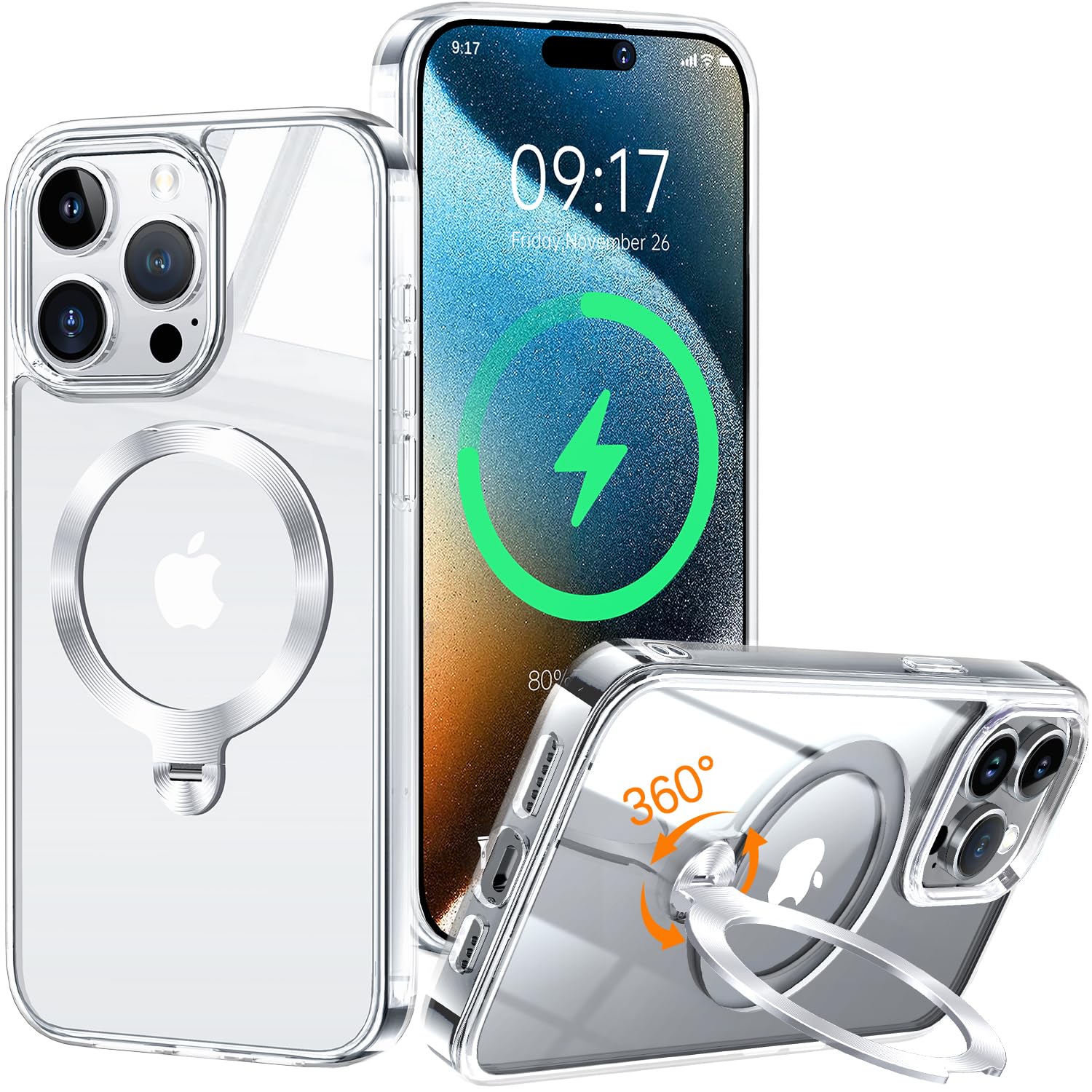 HaloArt 360° Girevole Supporto Magnetica Cover per iPhone 14 Pro Max [Stabile CD Anello Supporto per MagSafe] [N.1 Potenza Magnetica & Protezione Militare] Custodia Antiurto Sottile, Trasparente