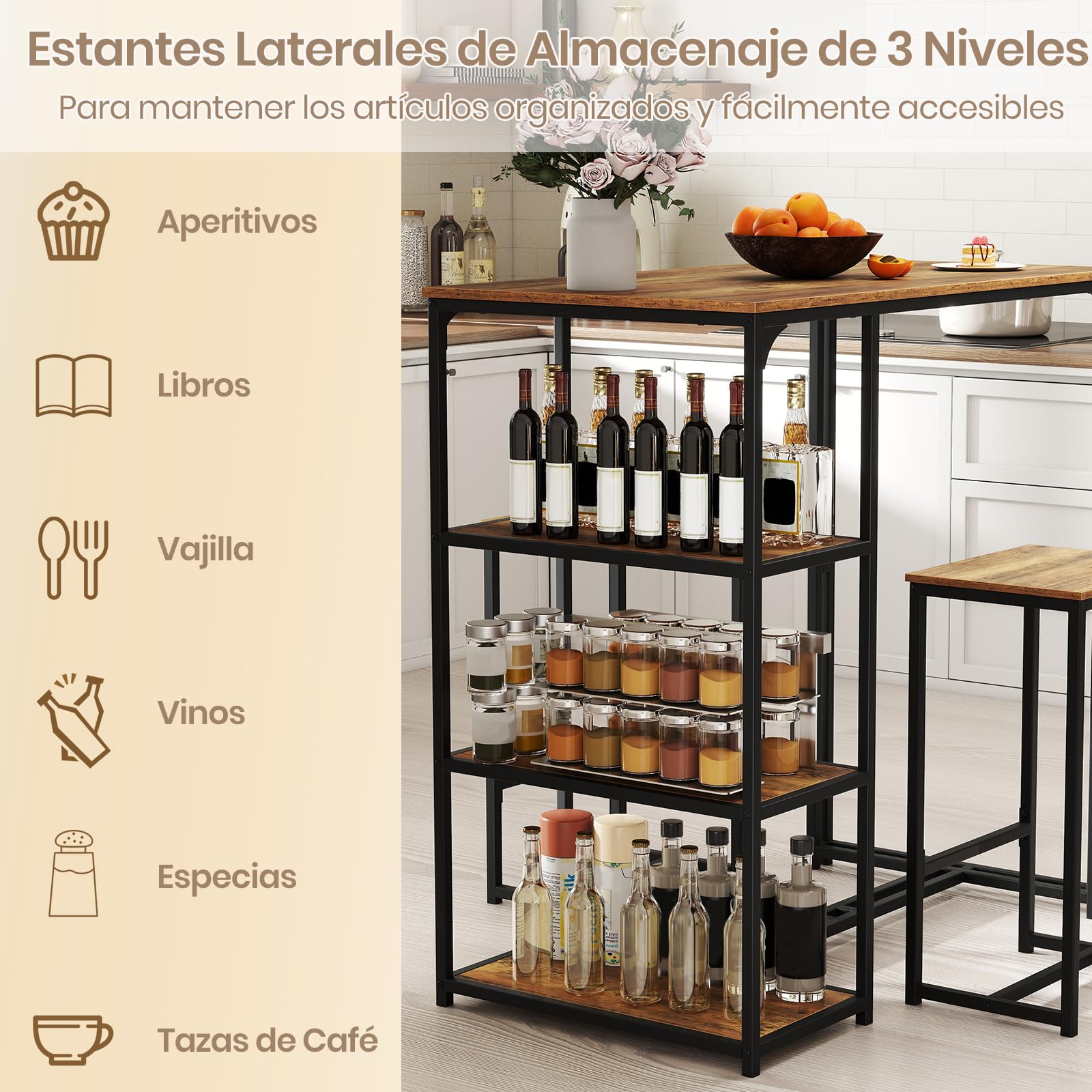 COSTWAY Juego de Mesa y Taburetes de Bar, 110x60x110 cm, Mesa Alta de Cocina con 2 Taburetes, 3 Estantes, Marco de Metal, Muebles de Bar Industrial para Cocina, Salón, Comedor, Desayuno, Marrón