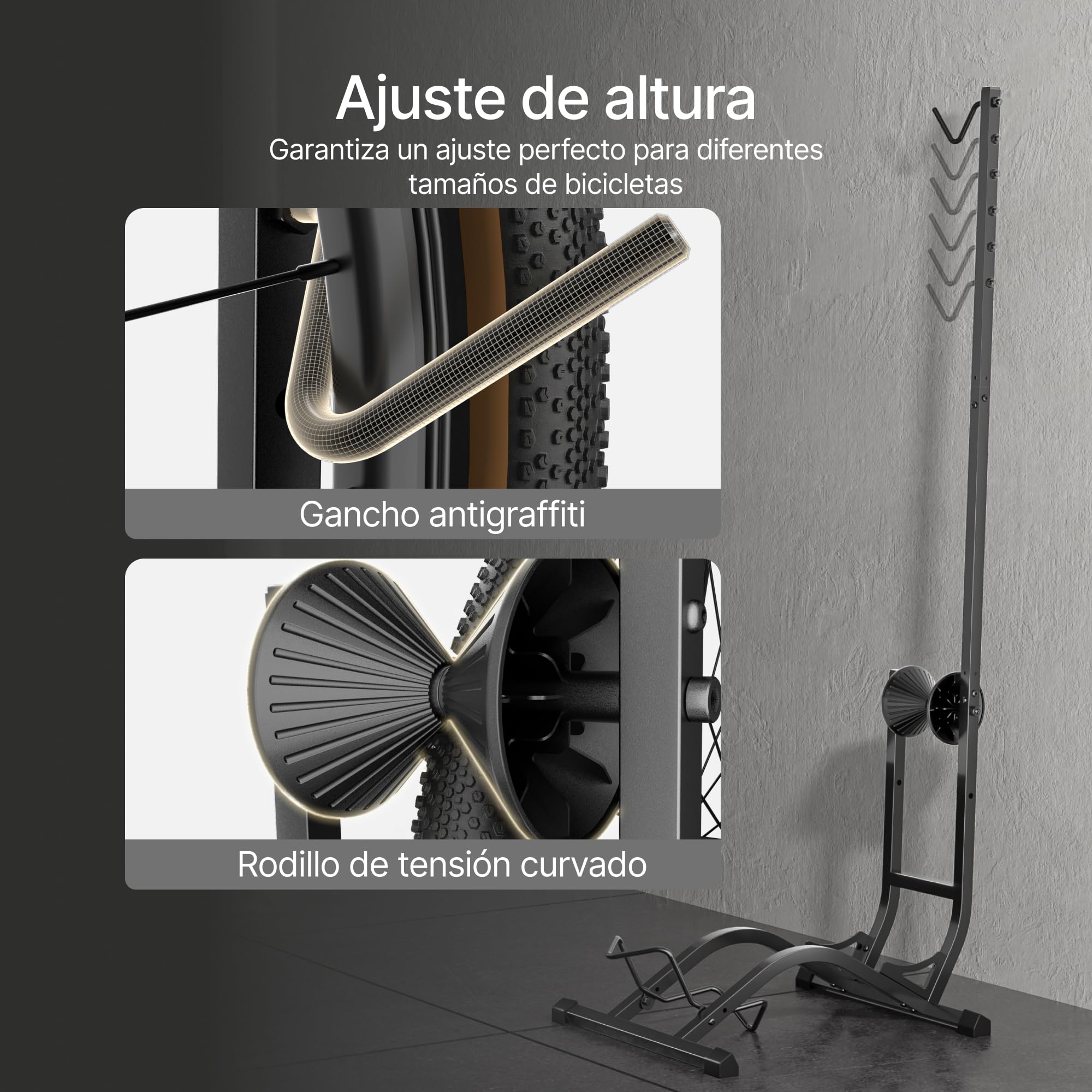 PEGZONE Soporte Vertical para Bicicleta, Hasta 35 kg, Negro | Soporte de Suelo para Bicicletas de 20 a 27 Pulgadas y Neumáticos de hasta 90 mm, Altura Ajustable, MTB y Carretera