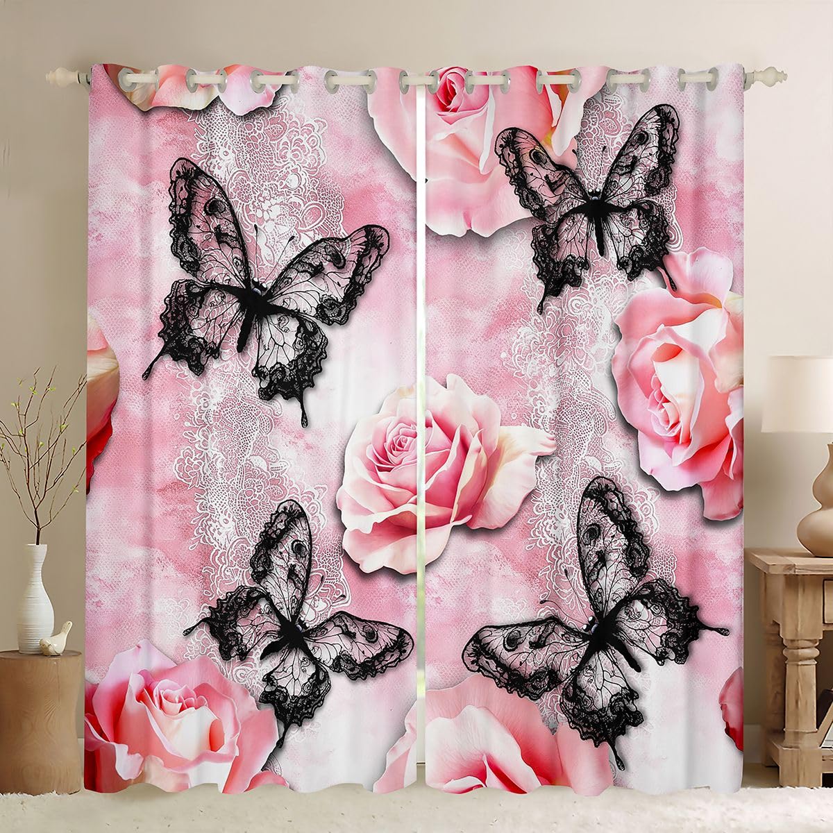 Rideau occultant 140x245 cm contre le vis-a-vis avec voilage rose