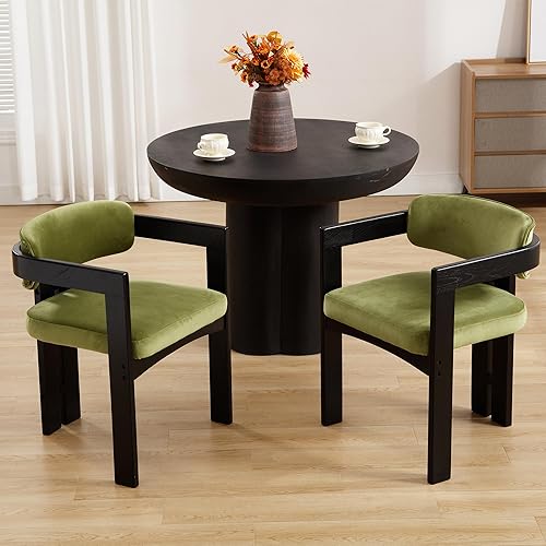 Miniatura 9 de Juego de 6 sillas de comedor tapizadas con brazo y respaldo, cojín verde terciopelo, patas de madera negra