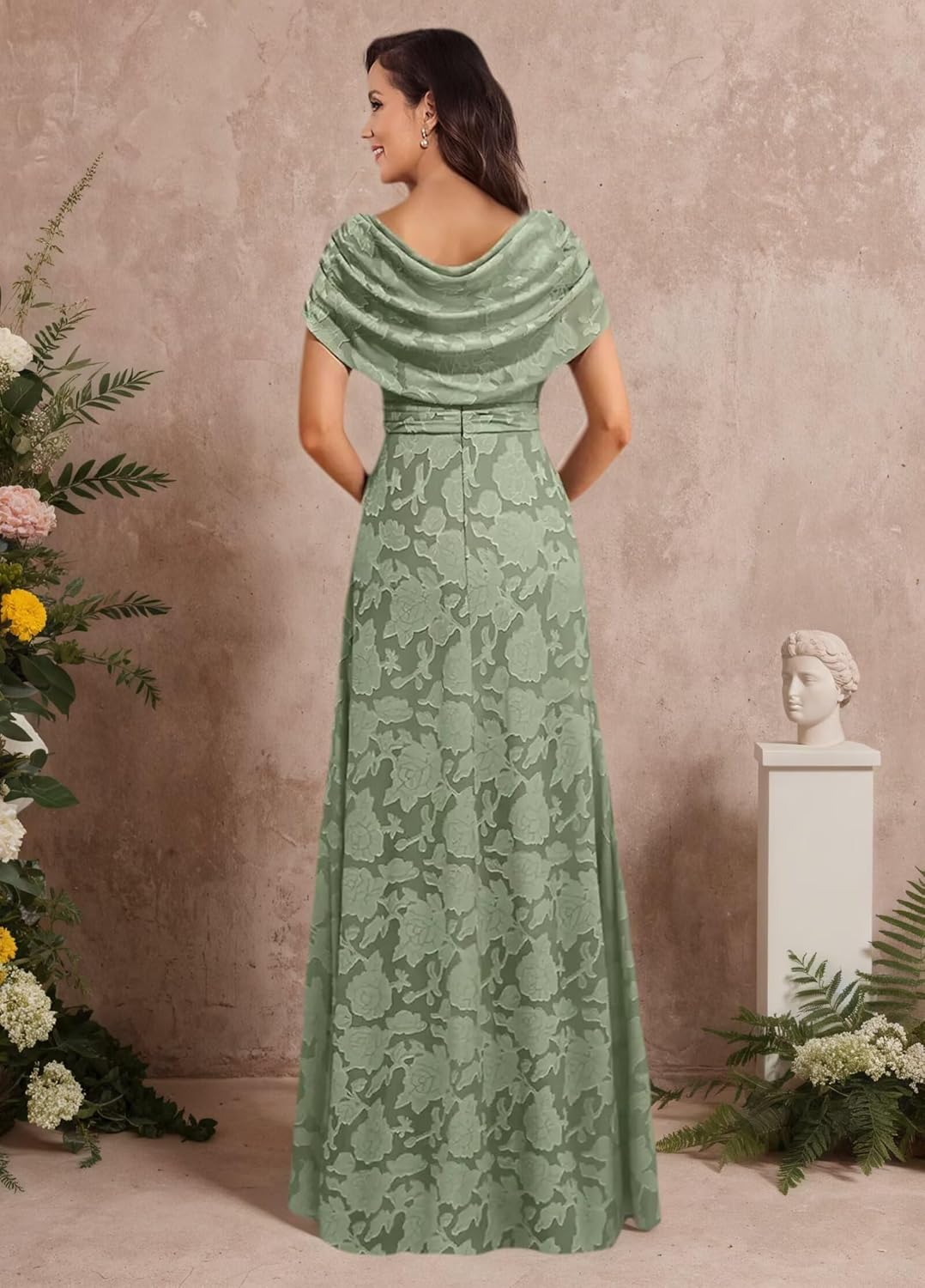 Jacquard Chiffon Mother of The Bride Dresses for Wedding Cape Sleeve Ruffles Beaded Long Evening Gown with Slit