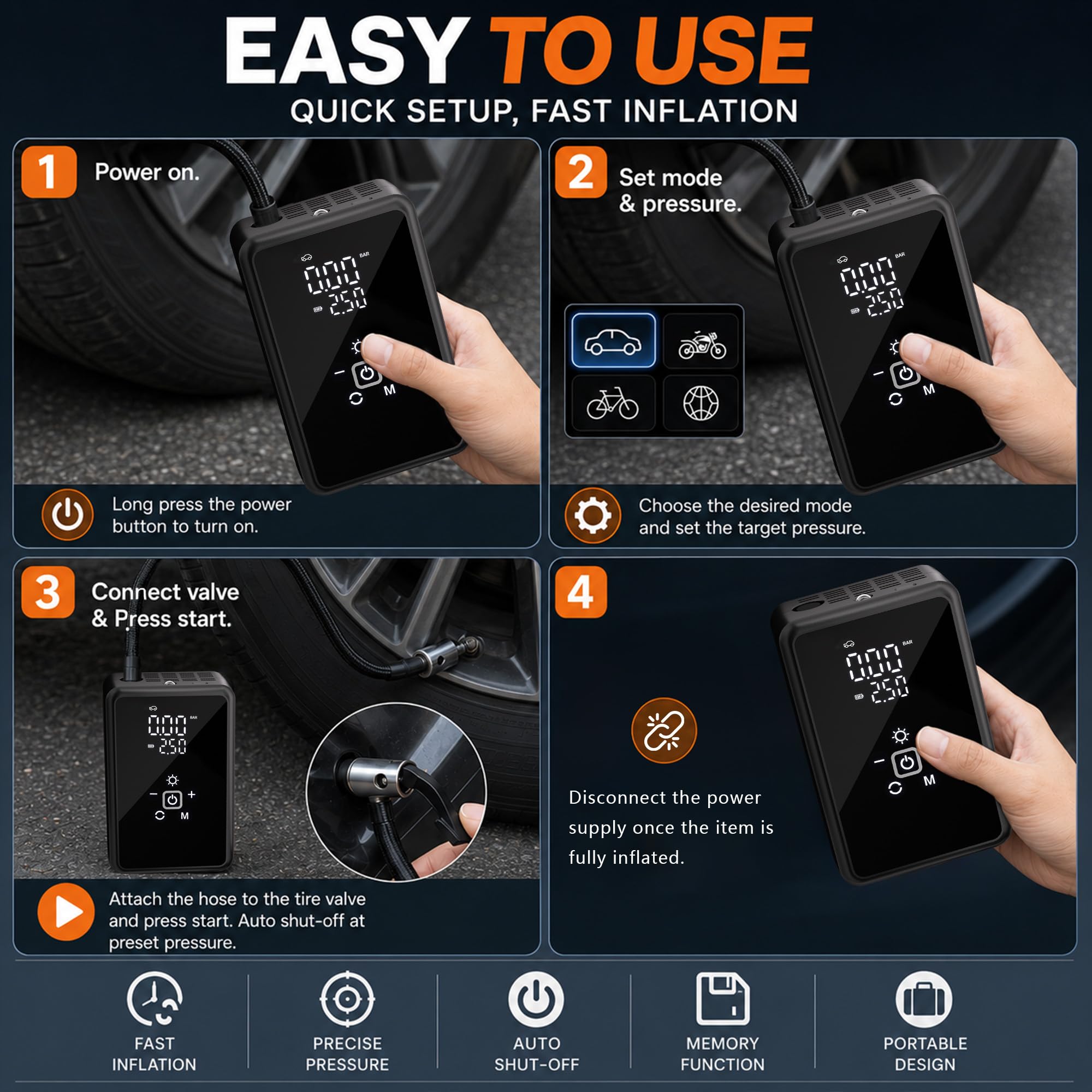 Portable Tire Inflator with LED Light & Hammer -5 Portable Tire Inflator with LED Light & Hammer -5