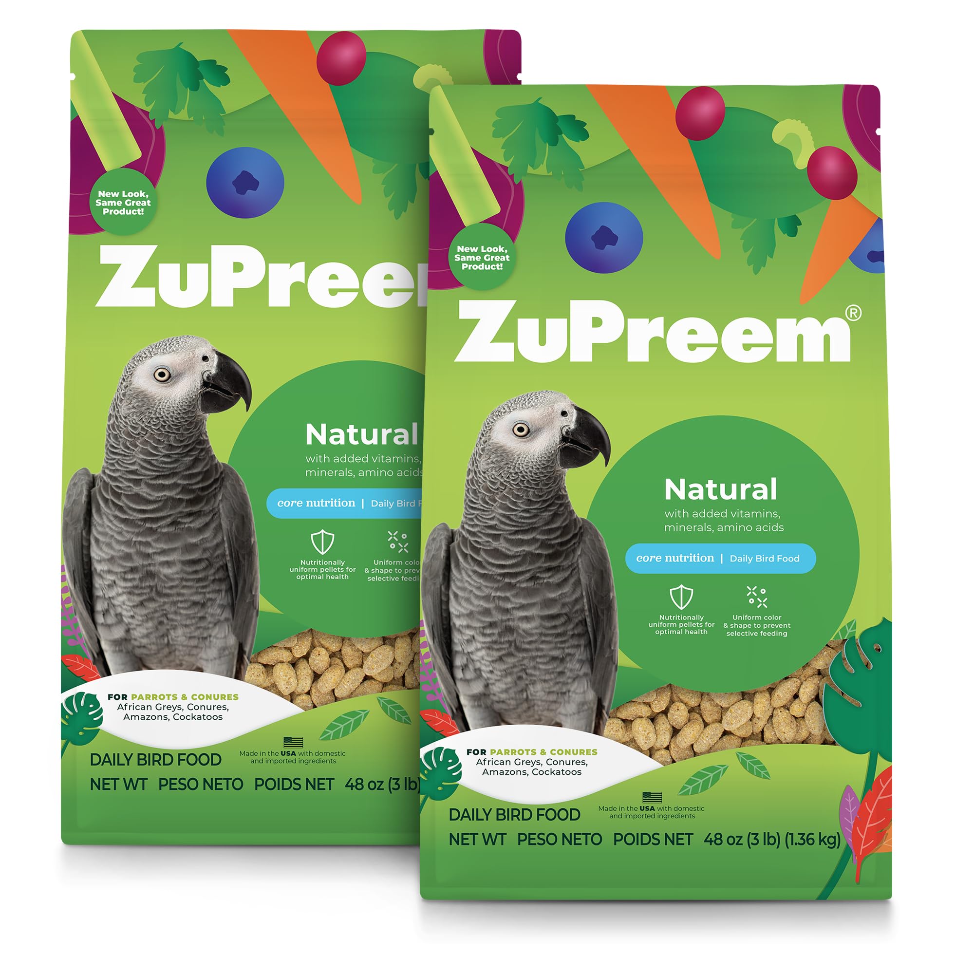 ZuPreem Natural Bird Food Pellets for Parrots & Conures, 3 lb (Pack of 2) - Daily Nutrition, Made in USA for Caiques, African Greys, Senegals, Amazons, Eclectus