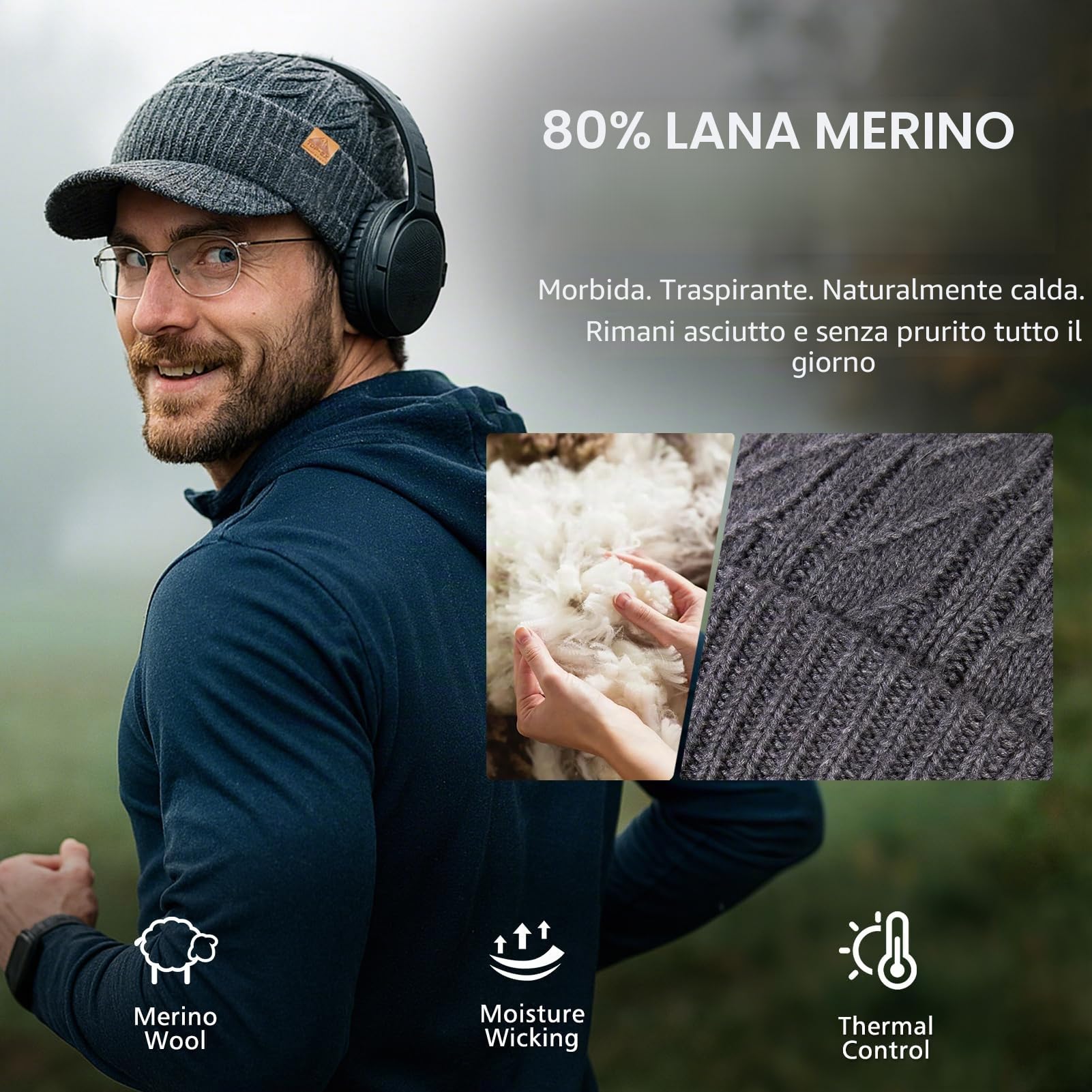 DryKnit Berretto invernale in lana merino impermeabile, taglia L/XL/XXL, con visiera a tesa