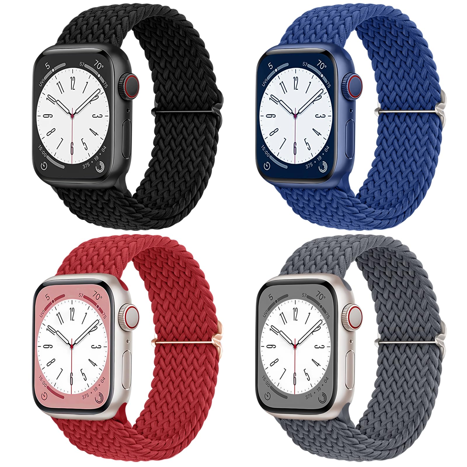 DaQin 4 Pack Braided Stretchy Solo Loop for Apple Watch Bands Women Men 40mm 41mm 42mm 44mm 45mm 46mm 49mm 38mm, Soft Nylon Elastic Sport Strap for