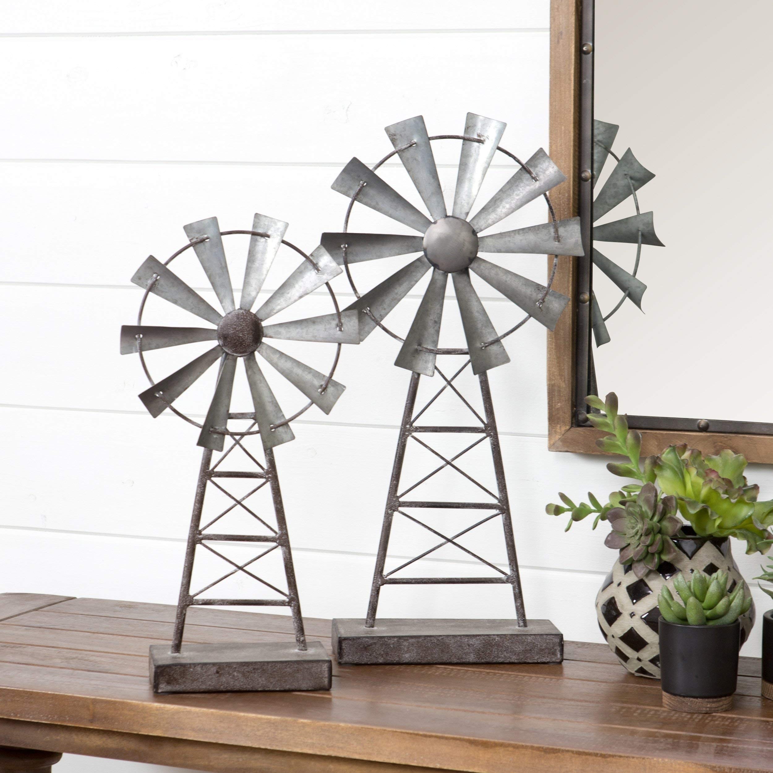 2 Piece Brown Grey Rustic Windmill Themed Table Decor Set, Silver Gray Farmhouse Sculpture Vintage Barn Table Top Home Accent Distressed Country Figurine Shabby Chic Trendy Galvanized, Metal