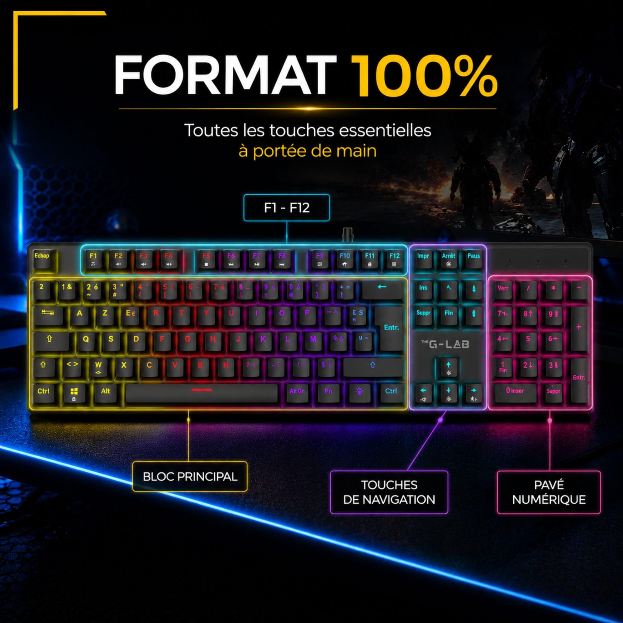 The G-Lab Keyz Radium - Clavier Gamer Mécanique Red Switch AZERTY FR | AZERTY FR, Filaire, Switch Rouge Linéaire, Anti-Ghosting 26 Touches, Rétroéclairage Rainbow 20 Modes, PC/PS4/PS5/Xbox