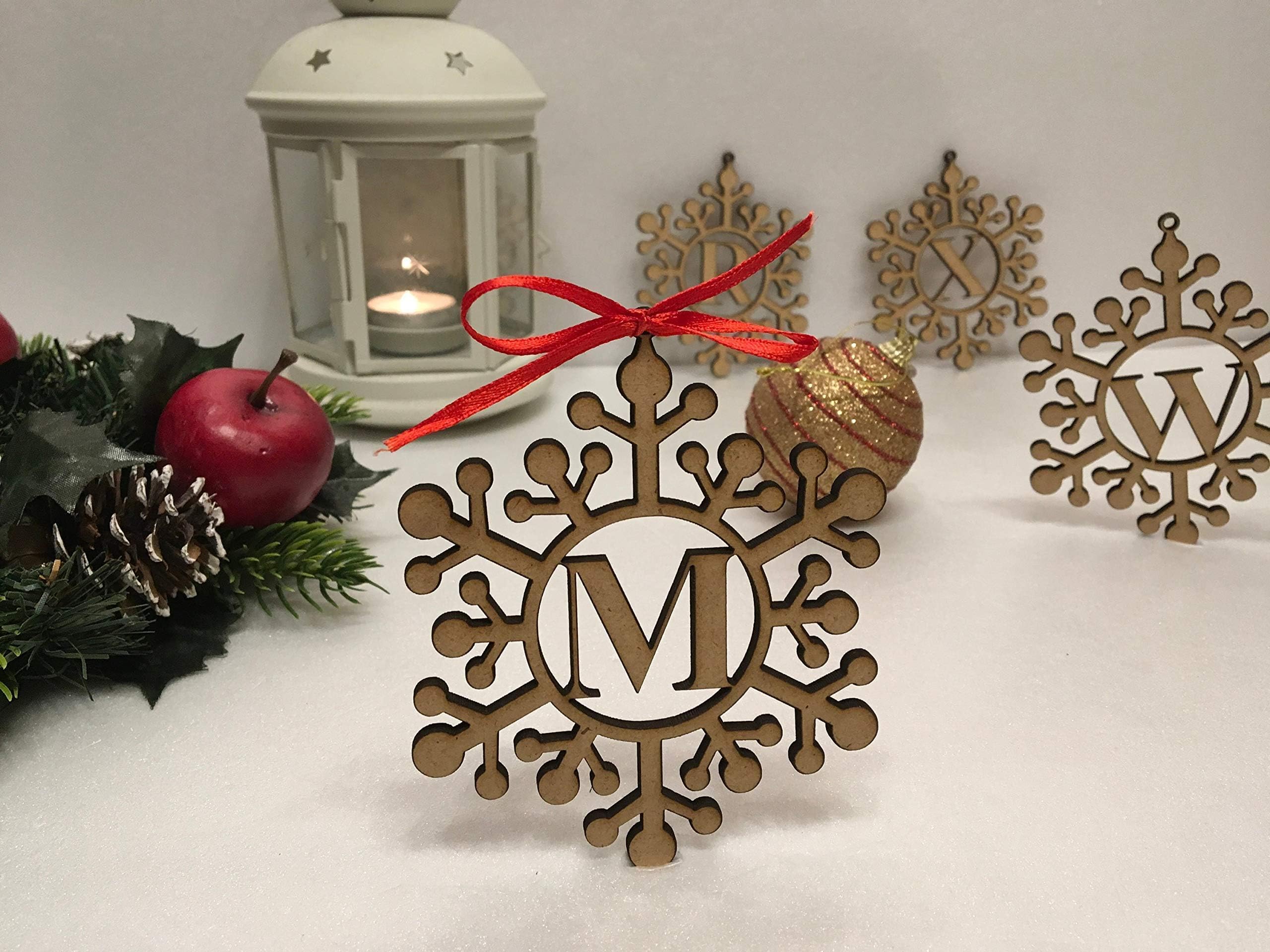 Personalized Wood Handmade Snowflake Ornament Laser Cut Any Letters Monogram Initials Xmas Ornaments Christmas Hanging Tree Decorations Custom Holiday Family Gifts Wooden Gift Tags Winter Home Decor