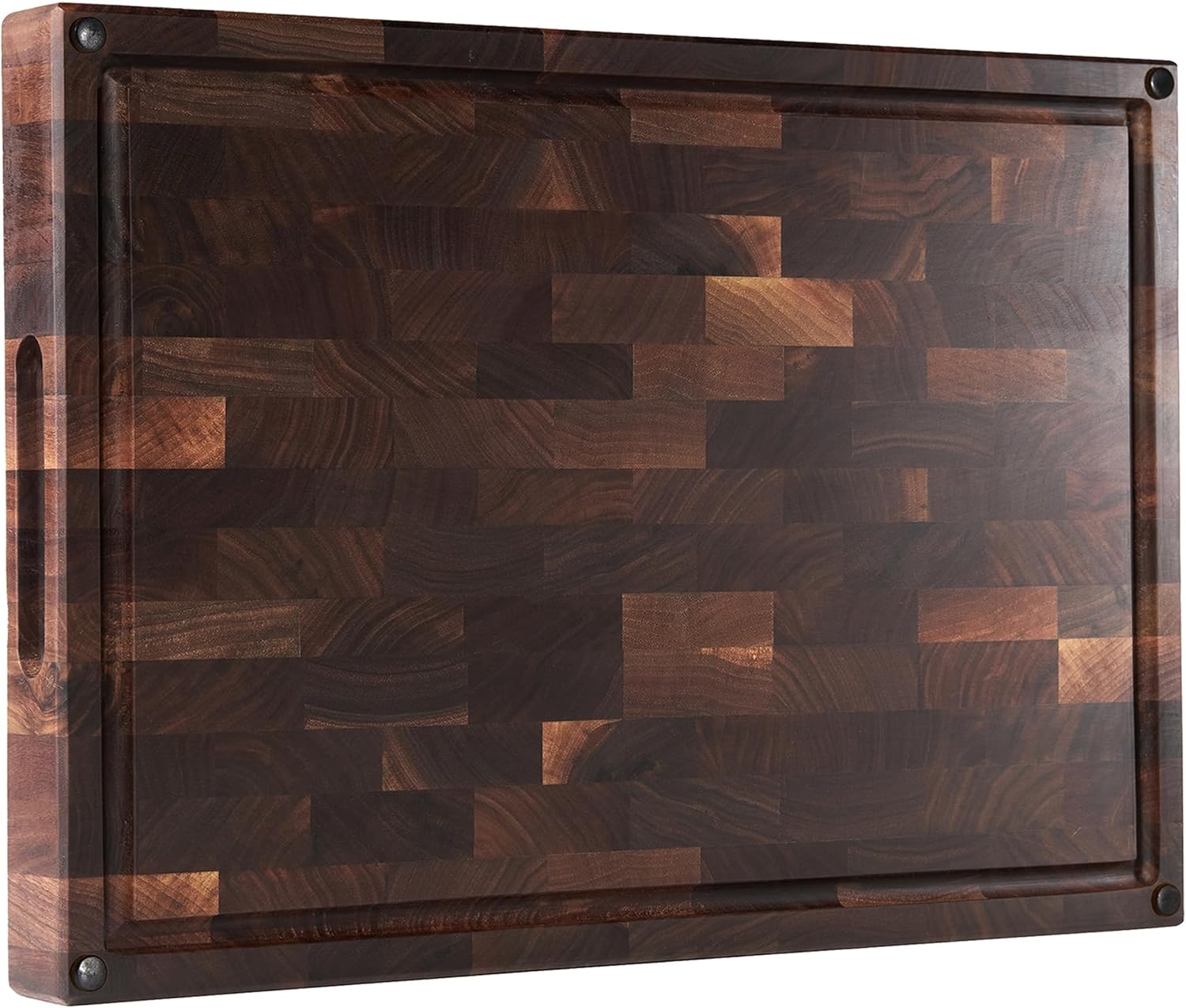 American Dark Walnut Wood Cutting Board 17"x12"x1.6" for Kitchen with Juice Groove, Inner Handles, Gift Box Packaging and End Grain Butcher Block Finished with Linseed Oil, Beeswax & Lemon Oil