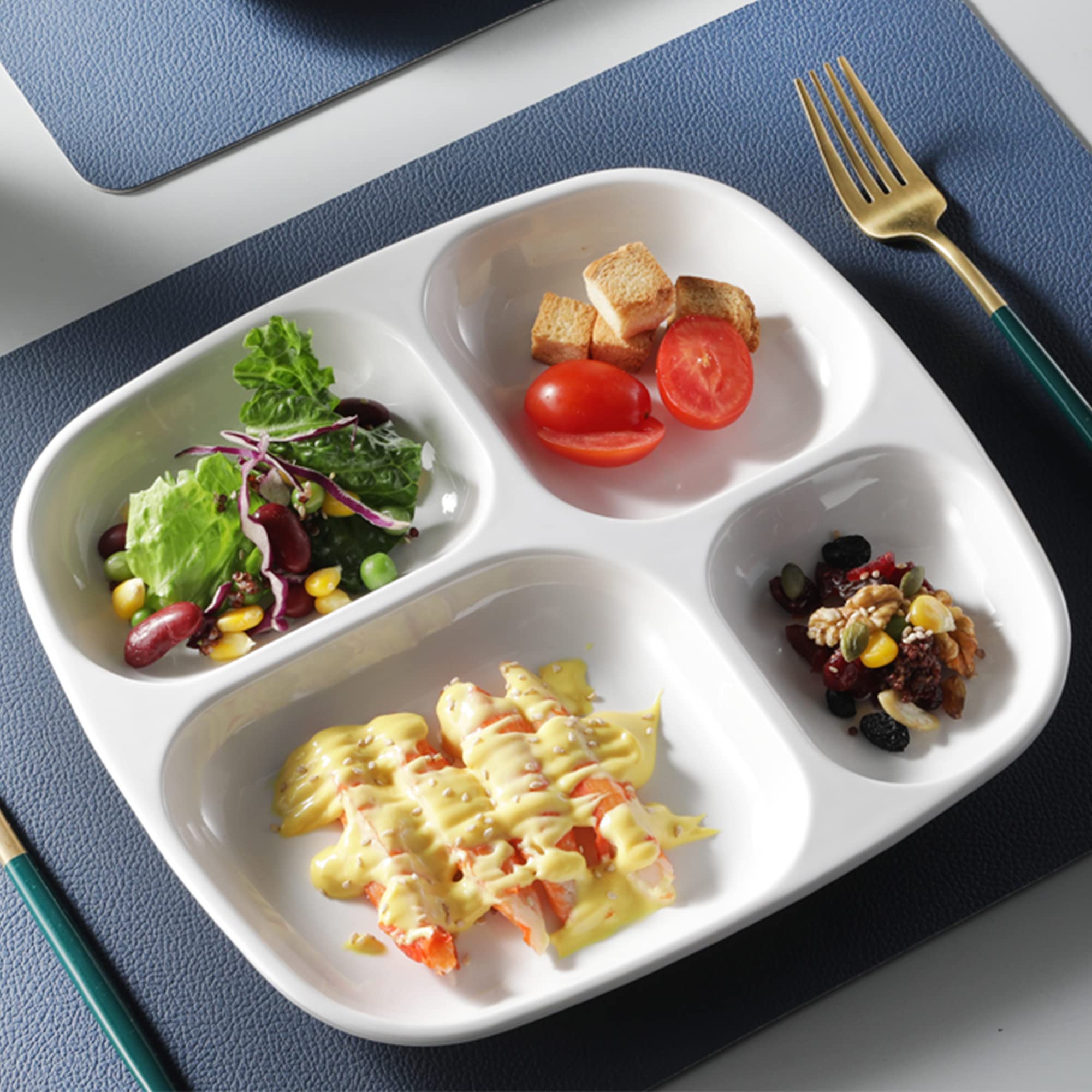 HOMEREFROM 8 Pcs -10.2 inch Meal Trays Melamine Compartment Dessert/Salad Plates,4 Section Compartment Divided Plates,melamine platter,Salads,noodles,burgers,Safe for Dishwasher (White)