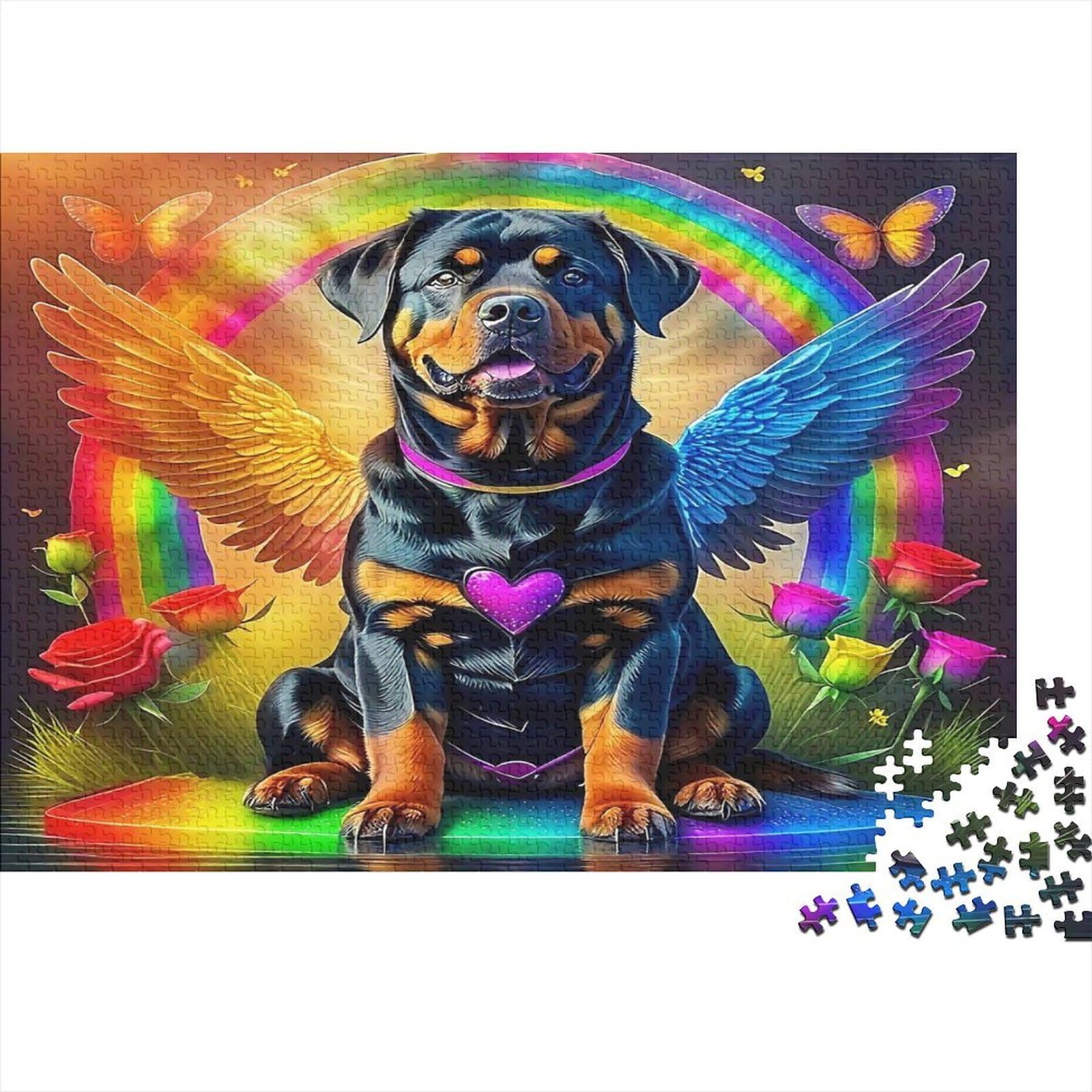 Rottweiler Angel Jigsaw Puzzle Rainbow Dog Puzzle 1000Pc Recycled Paper for Adults Educational Challenge Home Activity for Men Women 38x26cm/1000pcs — image 1