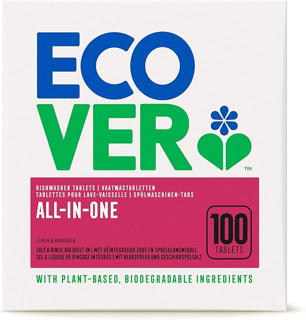 Ecover All in One Dishwasher Tablets, Lemon & Mandarin, Pack of 100