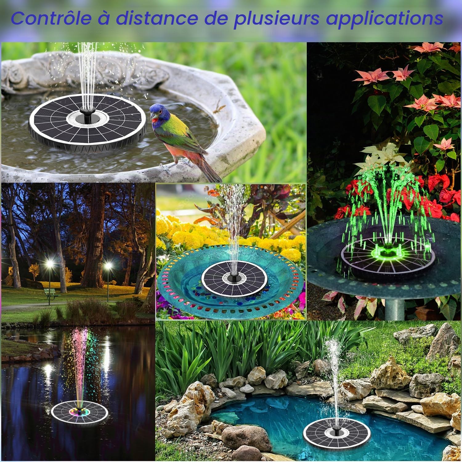 SZMP Fontaine Solaire avec Télécommande, Fontaine Solaire Verre avec 4000mAh Batterie, 7 Buses & 4 Tiges Fixes de Jardin Solaire Pompe pour Bain d'oiseaux, Jardin