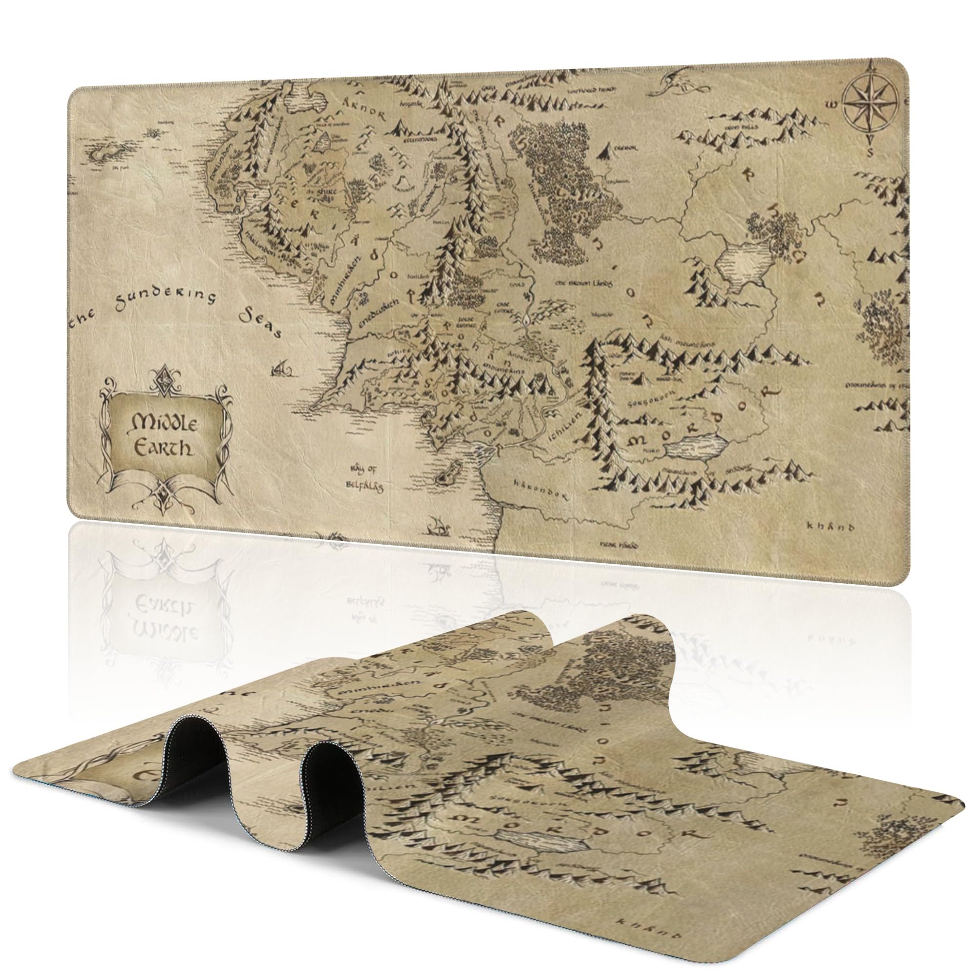 Alfombrilla de mouse grande extendida con mapa de la Tierra Media, alfombrilla de mouse XXL para teclado y mouse, base de goma antideslizante con bordes cosidos para decoración de escritorio de