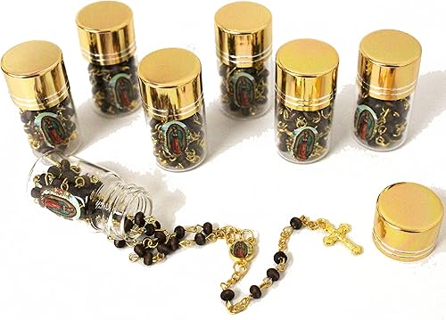 Ooki Rosario perfumado de oro de chocolate Nuestra Señora Guadalupe en tarro de oro de vidrio Cuentas de botella de Rosario con cuentas rojas