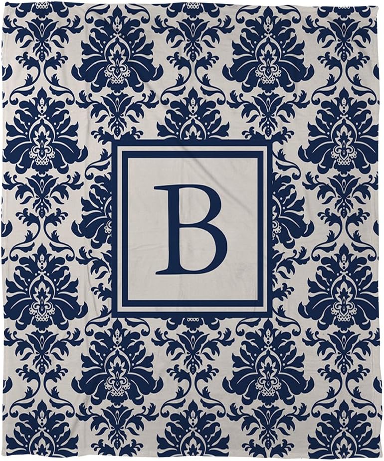 Manual Woodworkers & Weavers Coral Fleece Throw, 30 by 40-Inch, Monogrammed Letter B, Blue Damask