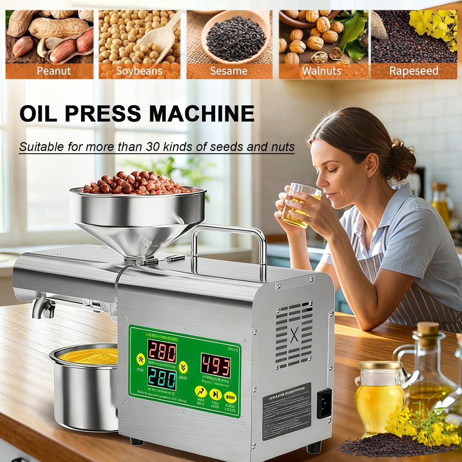 Automatyczna prasa do oleju o mocy 1800W, prasa do tłoczenia oleju na zimno i na gorąco, elektryczna wyciskarka oleju ze stali nierdzewnej o temperaturze 40–300℃ do orzechów włoskich, pestek oliwek