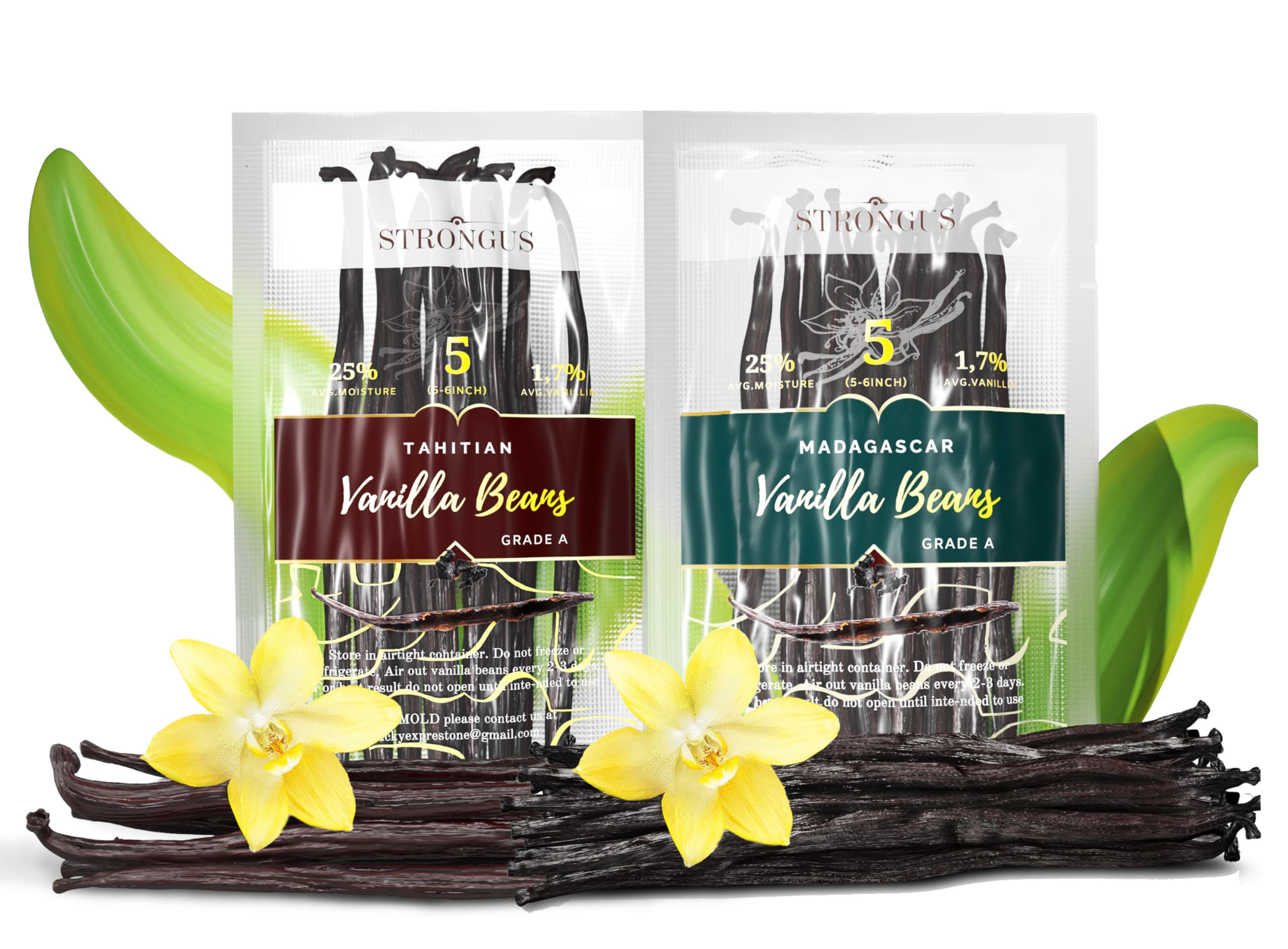 STRONGUS Premium Grade A Vanilla Beans – Vacuum Sealed – Tahitian & Madagascar Vanilla Pods – Rich, Creamy Flavor & Aroma – Perfect for Baking, Homemade Extract, Paste, Brewing, Coffee, Cooking
