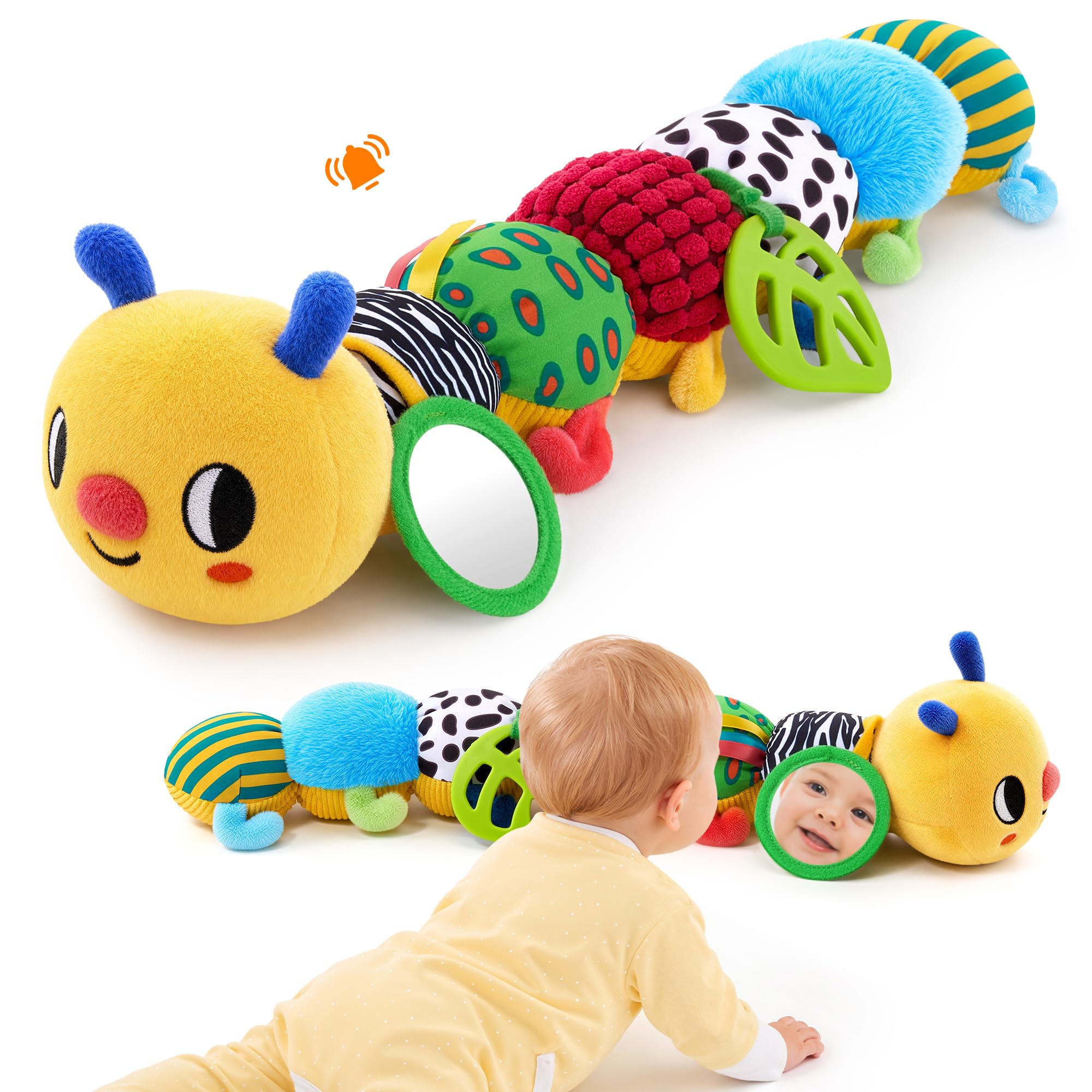 JoyCat Baby Sensory Caterpillar, Baby Toy 6-12 Months, Tummy Time Plush Toy with Mirror, Teether, Crinkle Paper, Rattle &amp; Squeaker, Boys Girls, Soft Activity for Infants 0-18 Months