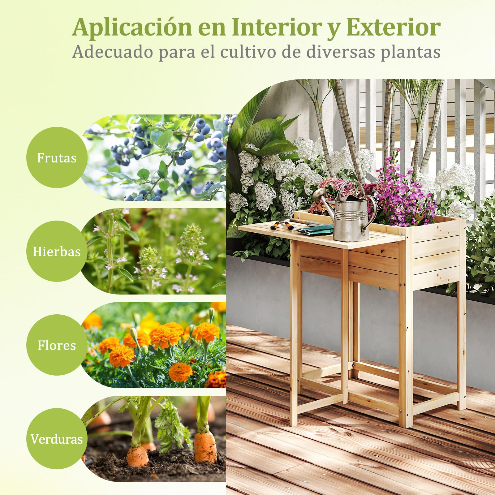COSTWAY Cama de Jardín Elevada de Madera con Patas, Mesa Lateral Plegable, Drenaje, Caja de Plantación Elevada para Flores Hierbas Verduras Frutas, Jardinera Interior Exterior para Patio Trasero
