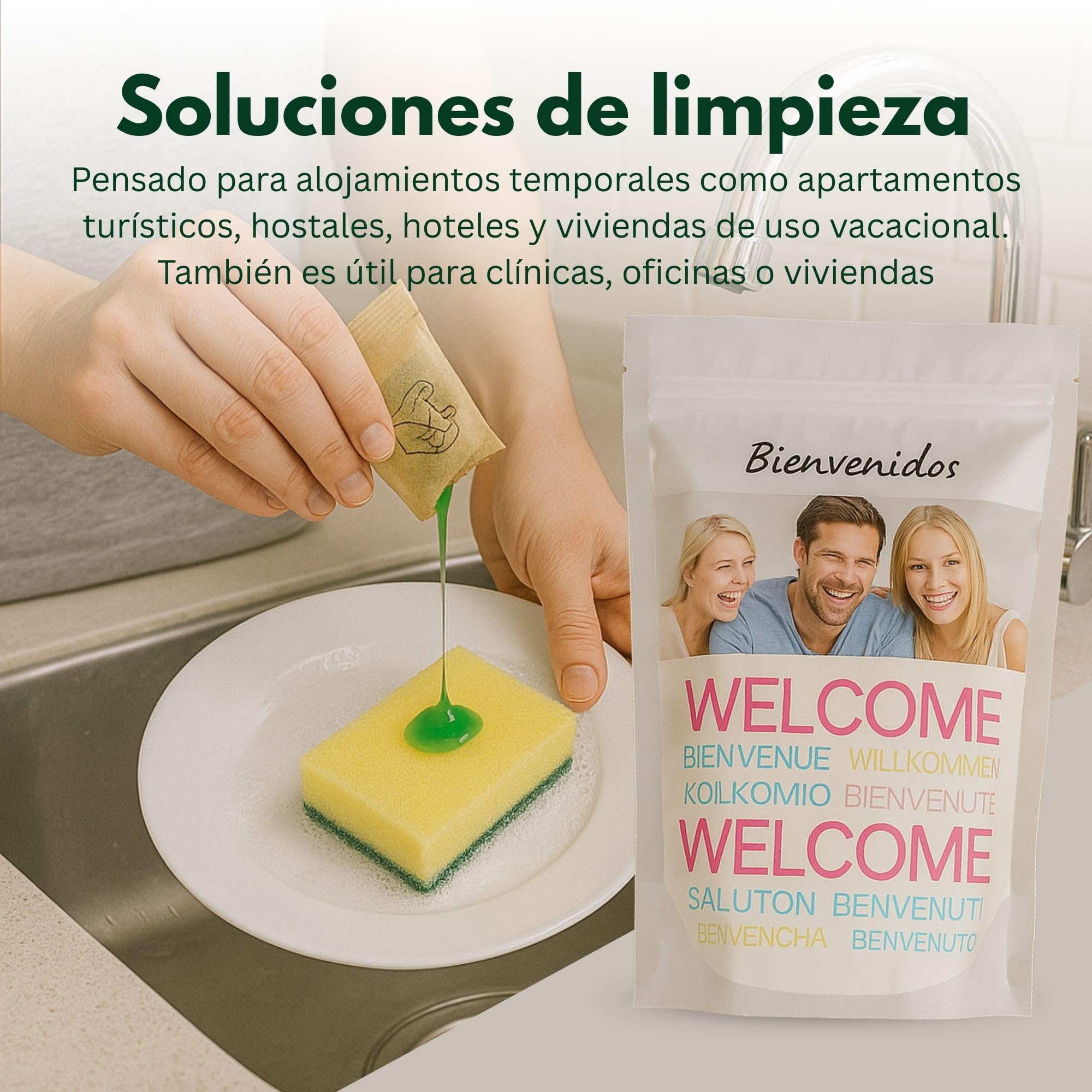 50 Kits de Limpieza para Cocina Alojamientos Turísticos – con Bayeta Amarilla, Esponja Salvauñas y Sobre de Lavavajillas 15ml – Amenities de Bienvenida – Hecho en España - Set de cocina para limpiar