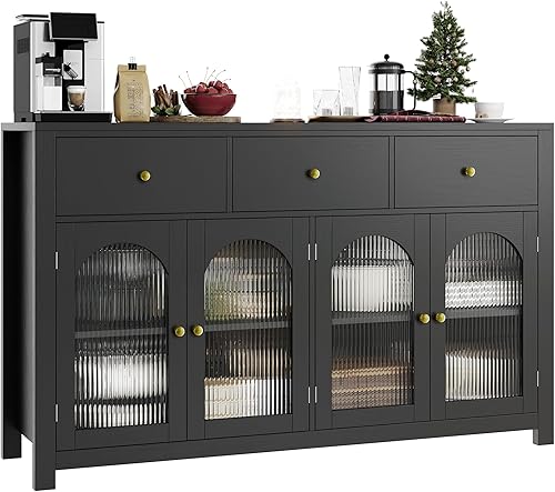finetones Armario buffet con almacenamiento, armario de buffet grande de 55.1 pulgadas, gabinete de cocina de granja con 3 cajones y 4 puertas,