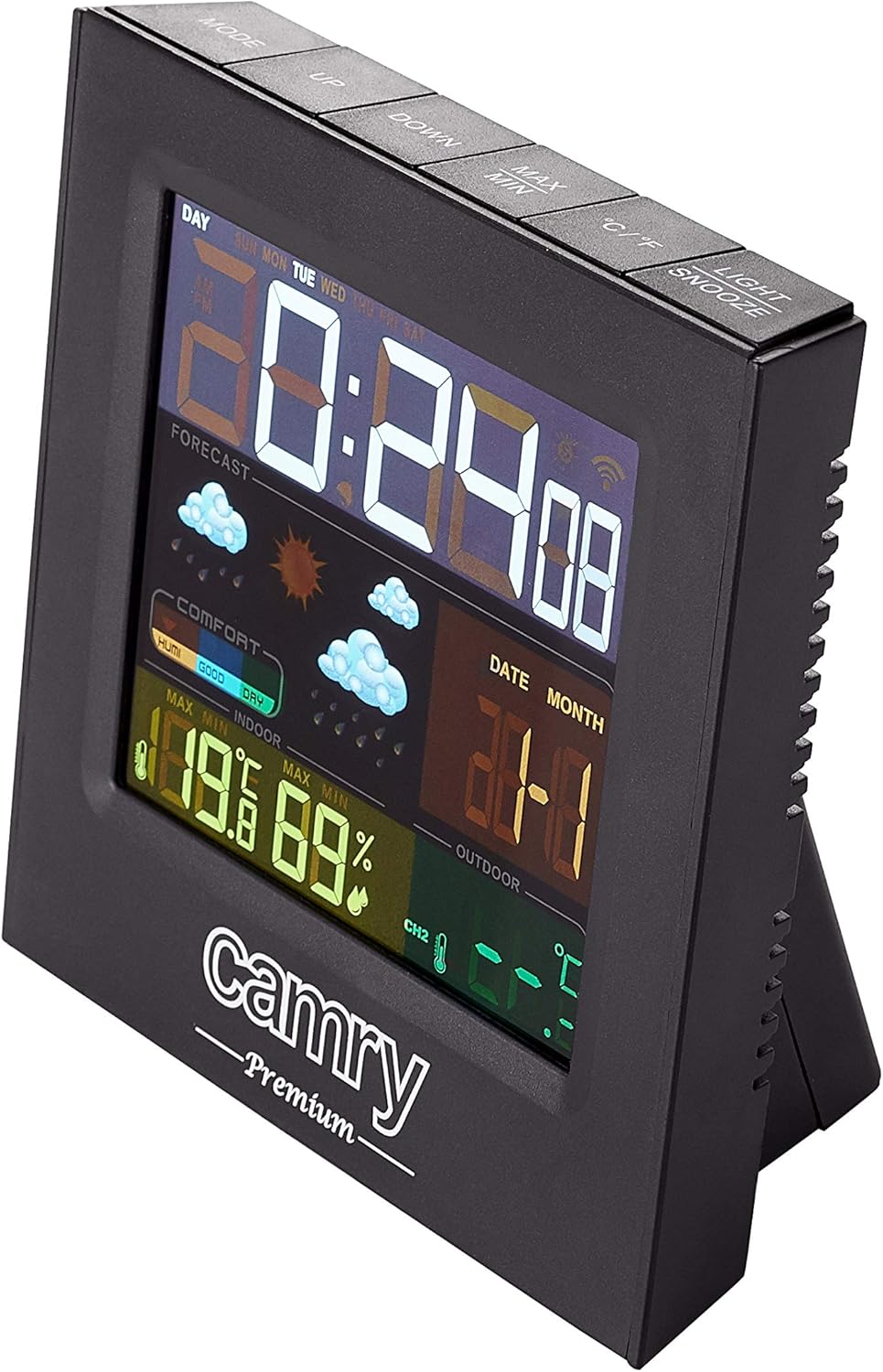 Close-up of CAMRY CR 1166 Weather Station display showing time, date, forecast, indoor/outdoor temperature and humidity