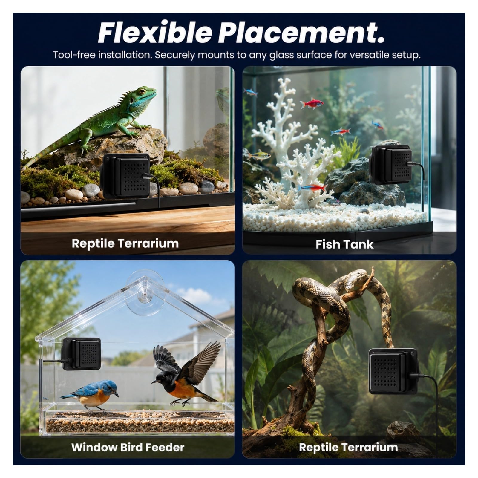 Cuifati Telecamera per acquario e terrario da 2 MP 2K, antiriflesso, senza foratura, per finestre, con rilevamento umano, Wi-Fi, visione notturna e registrazione 24 ore su 24, 7 giorni su 7