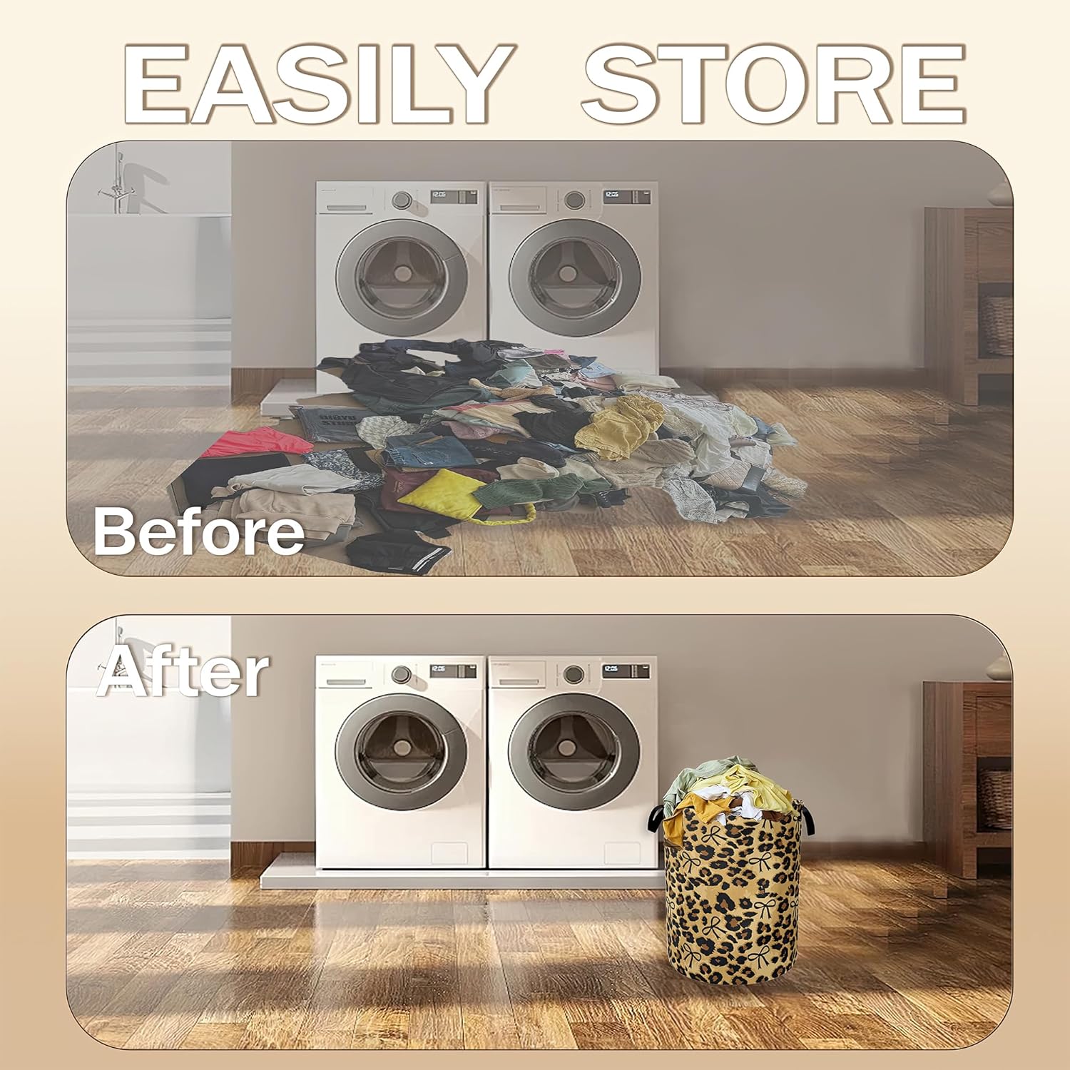 Brow Leopard Laundry Basket,Black Bow Clothes Hamper,Oxford Cloth Collapsible Nursery Hamper Storage Organization for Bedroom,Bathroom,Office,College Dorms,16x20 Inch