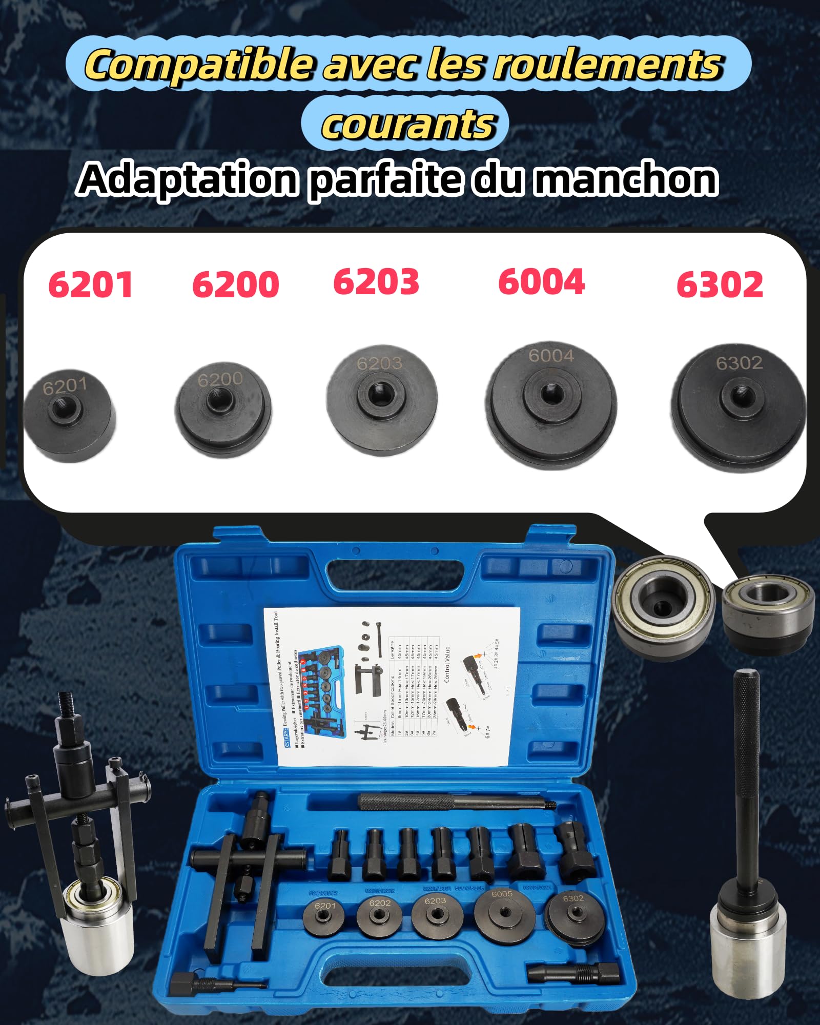 16PCS Velo Extracteur de Roulement Interieur avec Kit Presse à Roulements pour l'installation Roulements Arrache Roulement avec 7 Pince de Serrage à Expansion & Extracteur à Deux Mâchoires