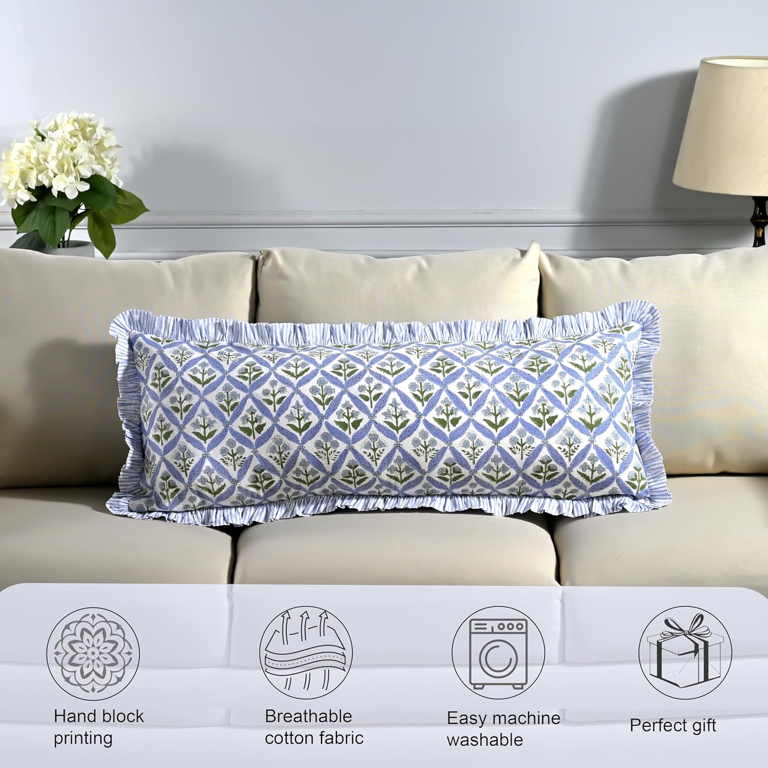 Ridhi Block Print Light Steel Blue 36"x14" Set 1-100% Cotton Ruffle Lumbar Sham Cover Boho Floral Pillowcase, Farmhouse Cottagecore Bedding, Soft Decorative Cover Gift for Spring, Easter, Valentine - Image 5