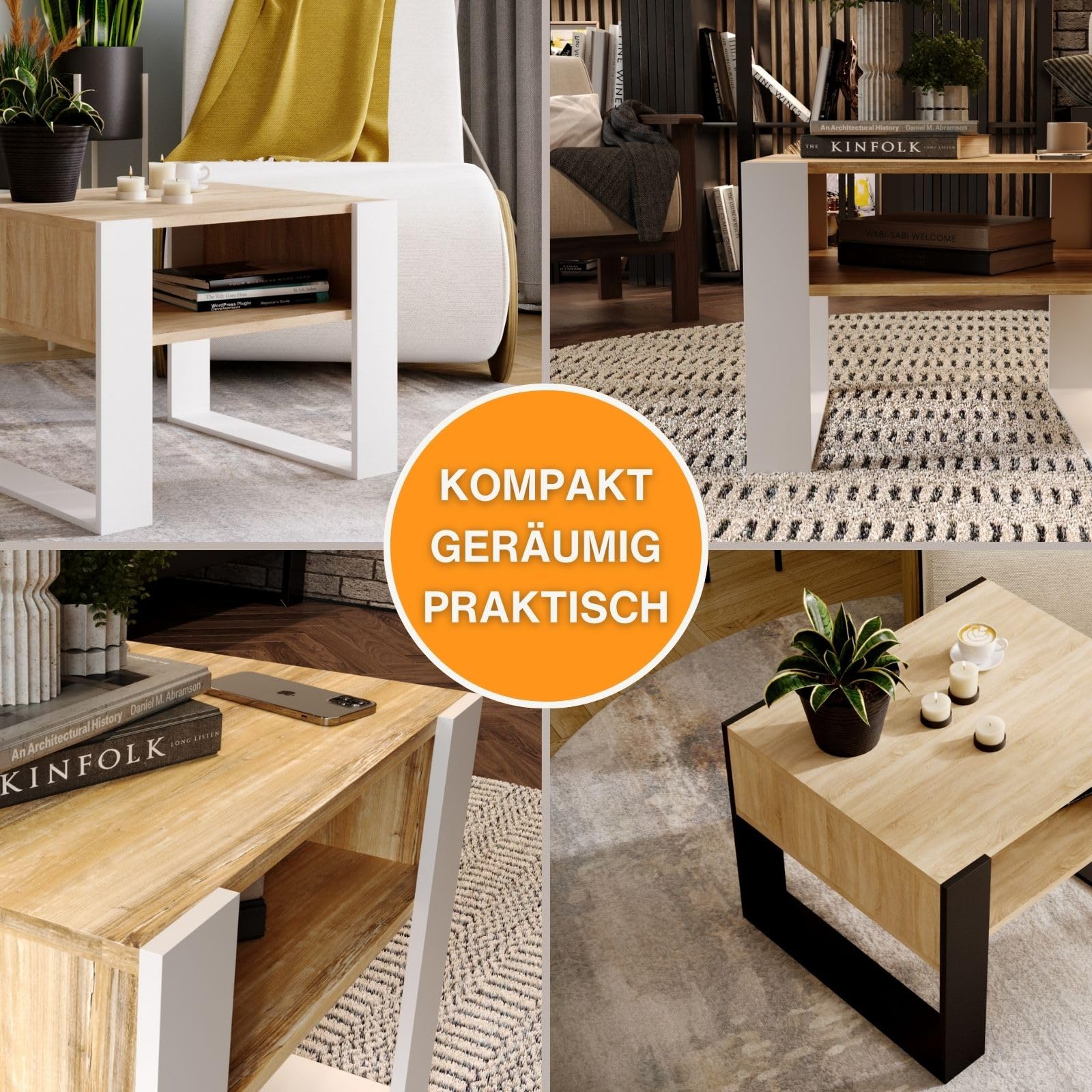 CraftPAK Wohnzimmer Tisch für Couch aus hochwertigem Holz, Stabiler & moderner Couchtisch mit zusätzlicher Ablagefläche, Farbe Retro-Schwarz