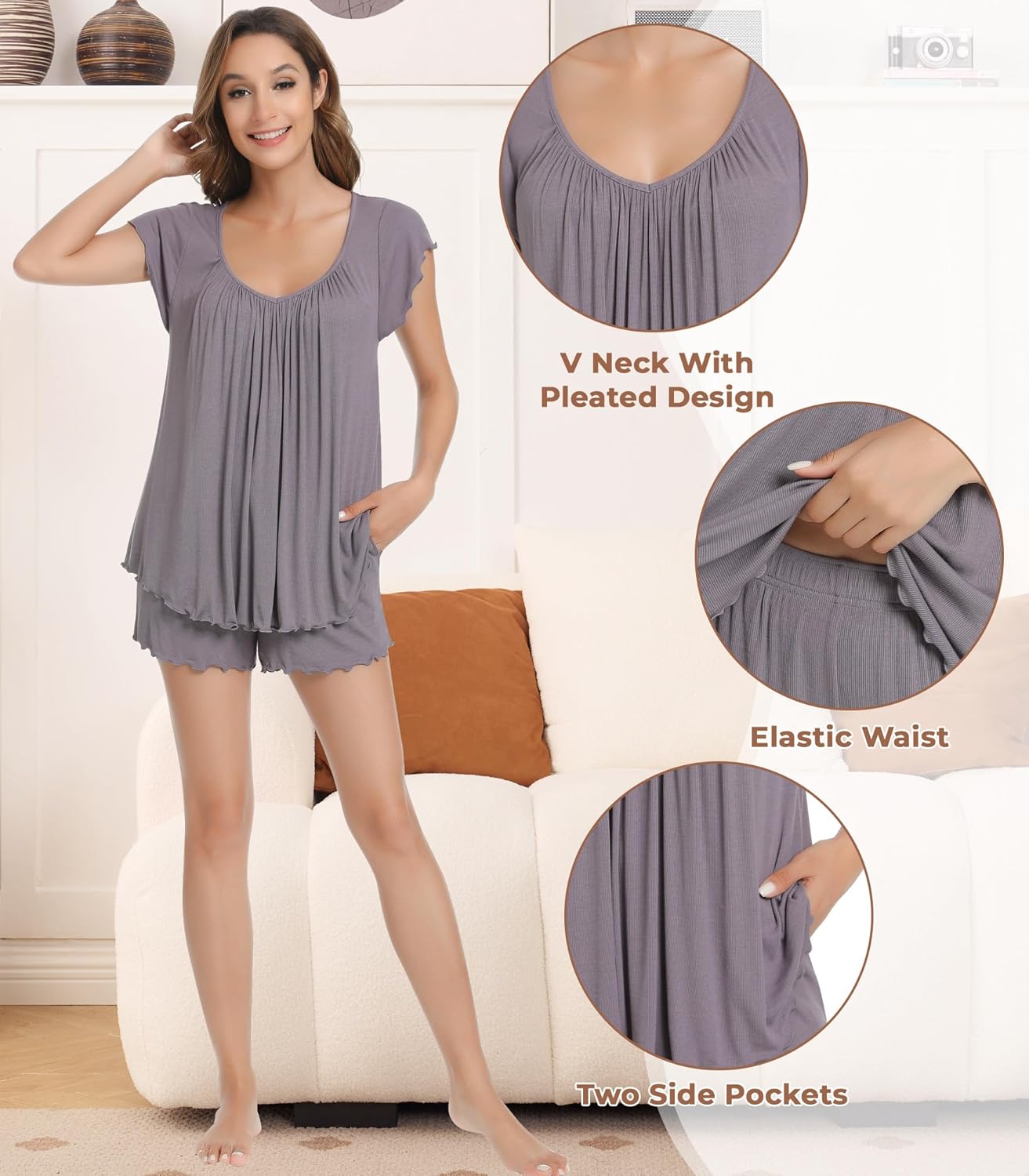 NACHILA Pajamas for Women-Viscose Made from Bamboo, Pjs Short Sleeve Sleepwear V Neck Loungewear Soft Pajama Sets - Image 4