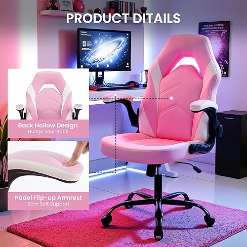 Miniatura 4 de Silla ergonómica de escritorio para juegos, silla giratoria ajustable de piel sintética con reposabrazos abatibles para oficina en casa y