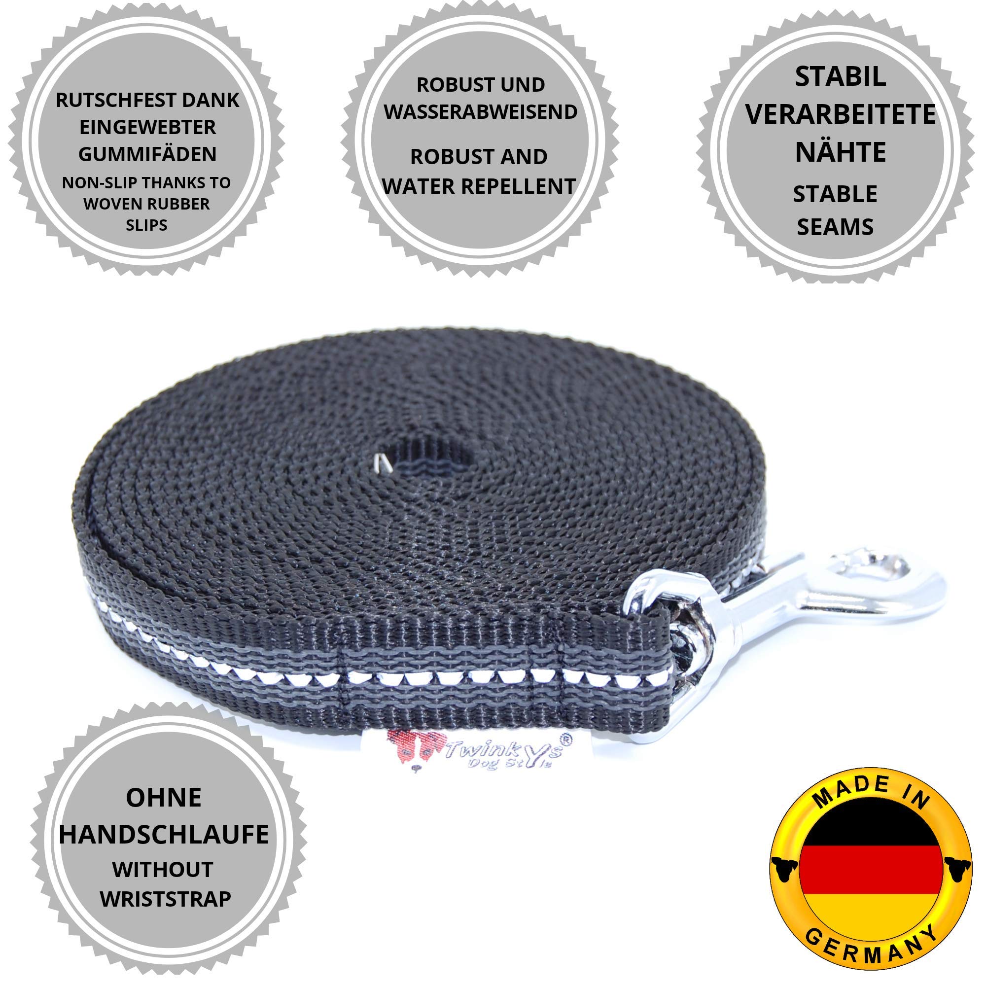 Dog Style Schleppleine Hundeleine gummiert 20 mm breit für Hunde bis 50 kg - OHNE Handschlaufe 45 Meter Schwarz Reflektierend Made IN Germany