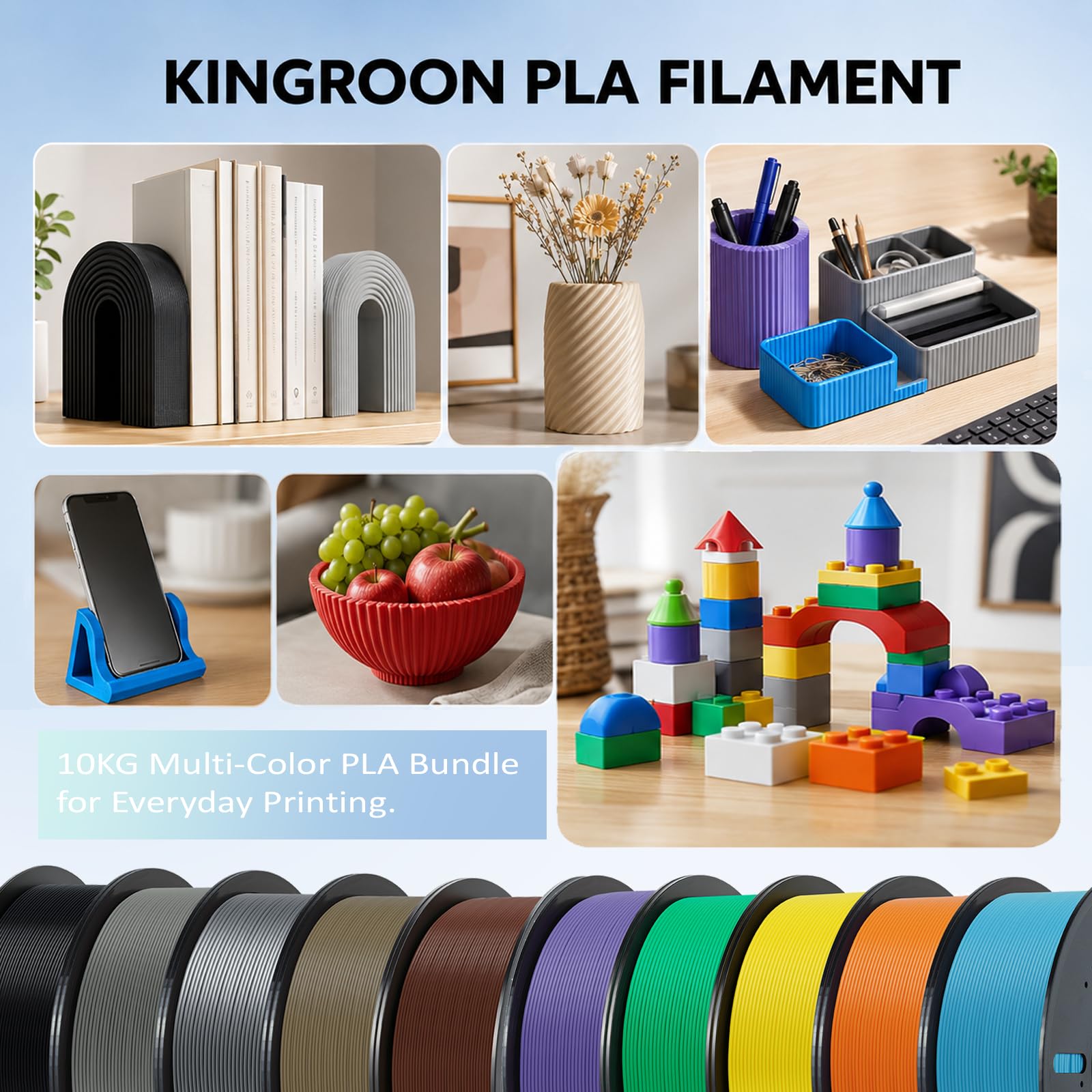Kingroon Filamento PLA de 1,75 mm, filamento PLA para impresora 3D, precisión dimensional +/- 0,03 mm, bobina de 10 kg (22 libras), negro, marrón, gris, amarillo, verde, lila, plata, azul cielo