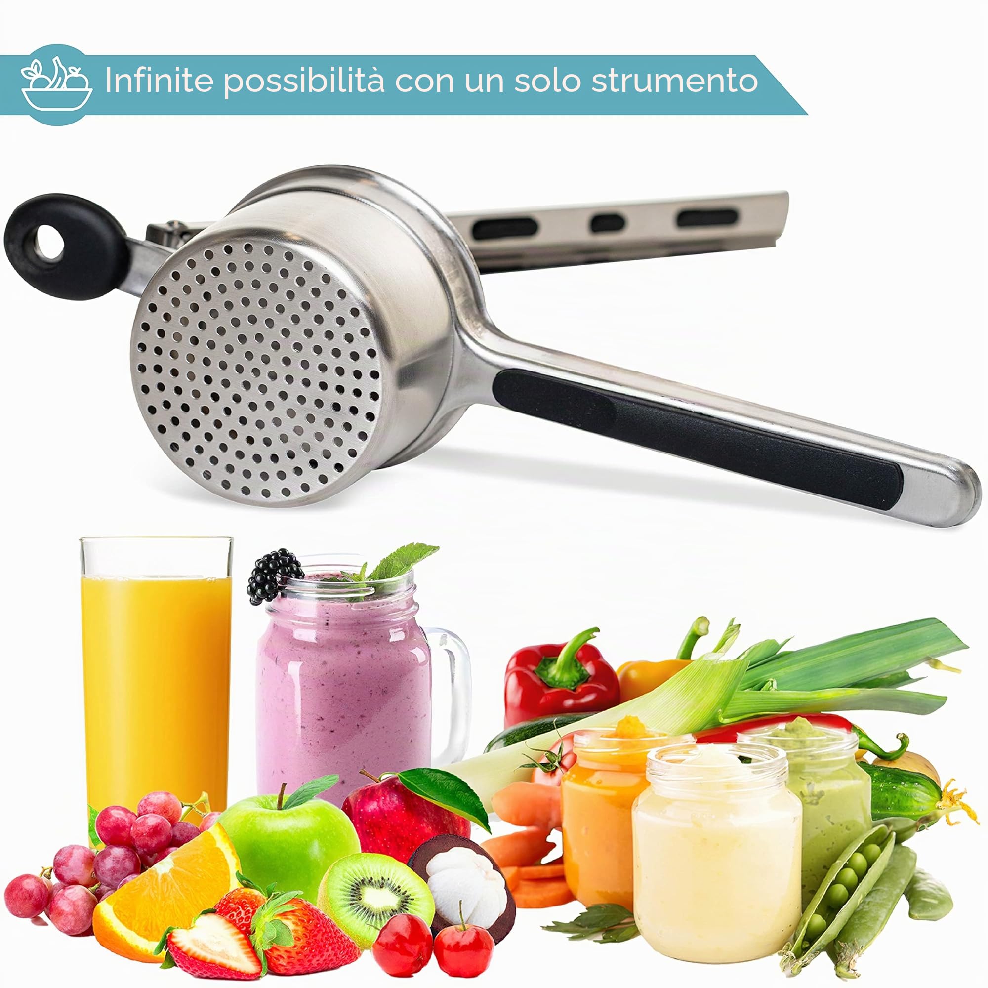 HEFTMAN Schiacciapatate - Schiacciapatate Acciaio Inox con Manici Ergonomici in Silicone, Schiaccia Verdure Manuale, Sciacciapatate per Alimenti per Bambini Frutta Verdura (Lavabile in Lavastoviglie)