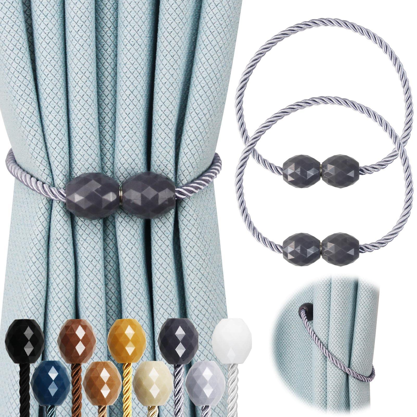 Hangtty 2 Pack Strong Magnetic Curtain Tiebacks Rope Decorative Curtain Tie Backs Magnetic Curtain Holders for Drapes Window Treatment Holdbacks, Grey