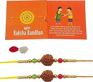 iberry's Rakhi Gift Pack with Set of 2 Rudraksh Rakhi, Greeting Card and Roli Chawal for Brother with Branded Packaging