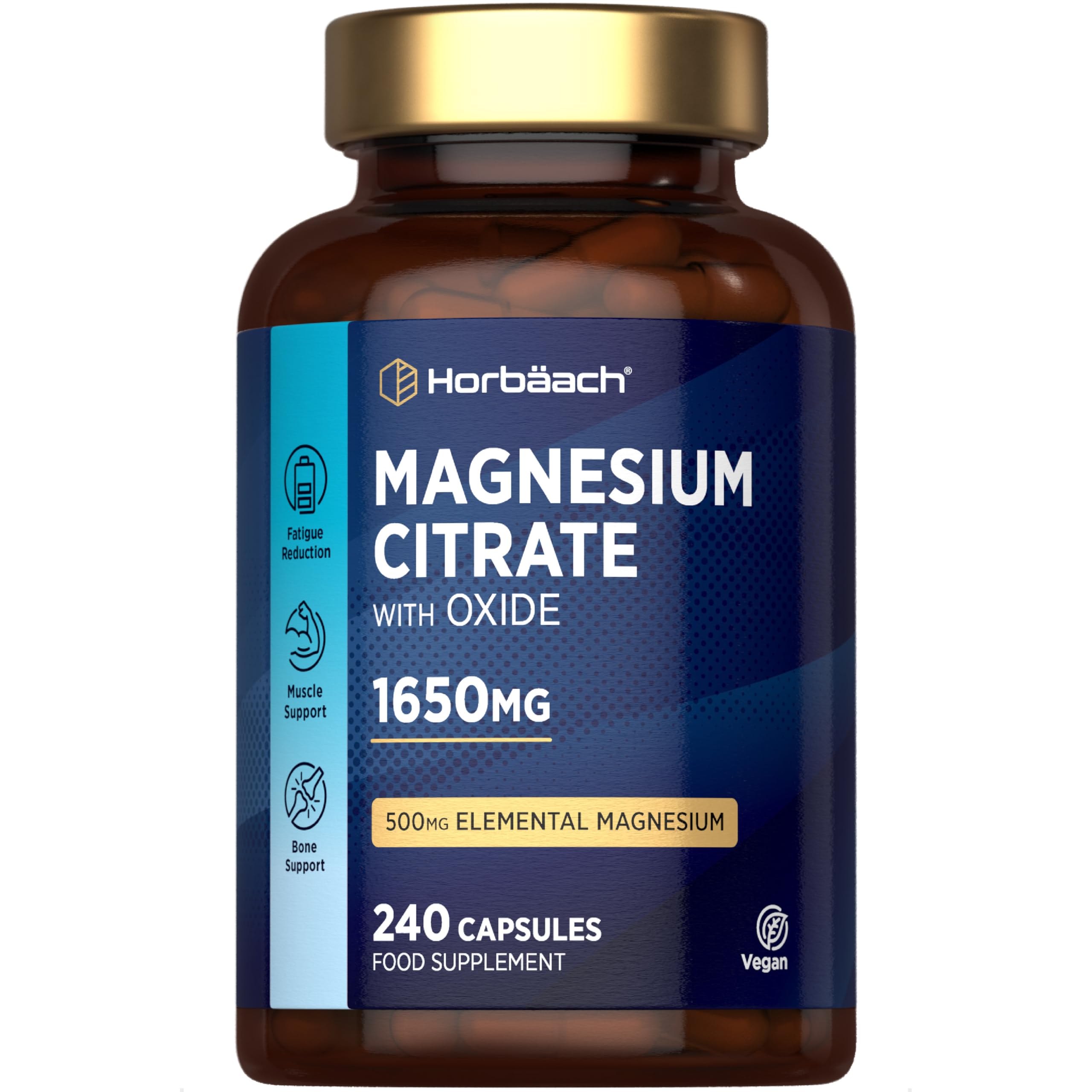 Magnesium Citrate & Oxide 1650mg | High Strength Providing 500mg Elemental Magnesium | 4 Months Supply | 240 Vegan Capsules (Not Tablets) | High Absorption | by Horbaach