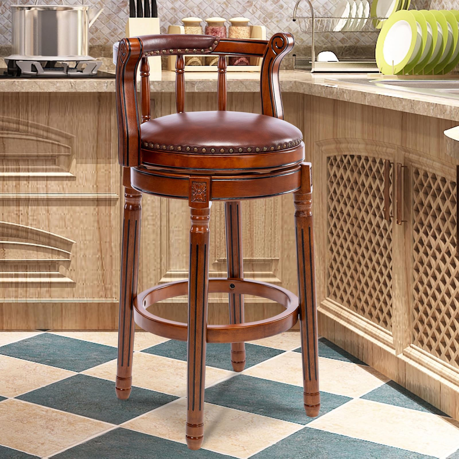 Bar Stools Swivel Genuine Leather Counter Wooden Bartool with Footrest for Kitchen Dining Room Living Room (Wanul-Brown, Barstool-seat Height 29in)