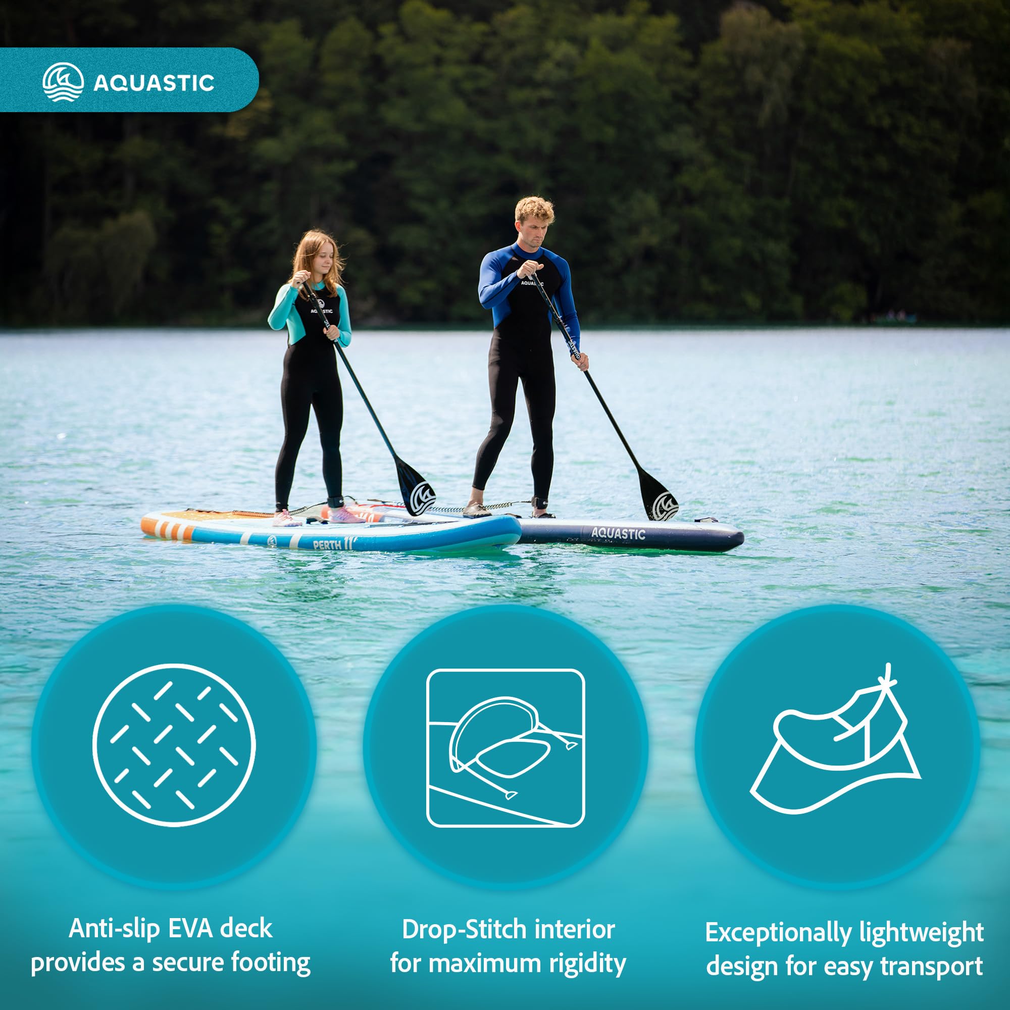 AQUASTIC Deska Perth 11” SUP z Akcesoriami Pneumatyczna Allround o Wymiarach 335,5 x 86,5 x 15 cm Pomarańczowa Dla Początkujących Do Pływania Dmuchana Technologia Drop-Stitch