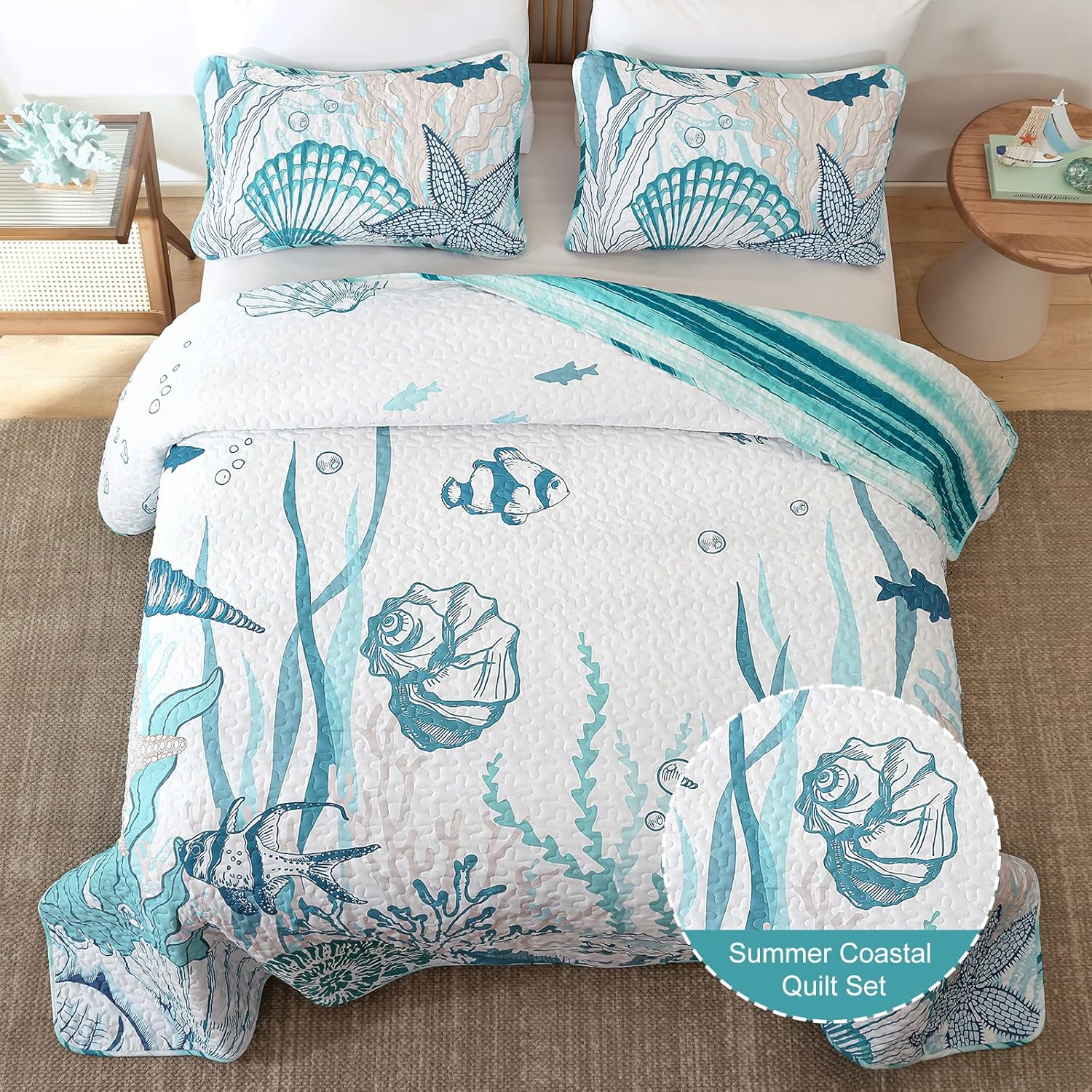Coastal Quilts Bedding Set Queen Size, Summer Green Fish Coral Nautical Bedding Quilt Set with Pillow Cases, Ocean Beach Reversible Bedspreads Coverlet Soft Microfiber Lightweight Comforter - Image 3